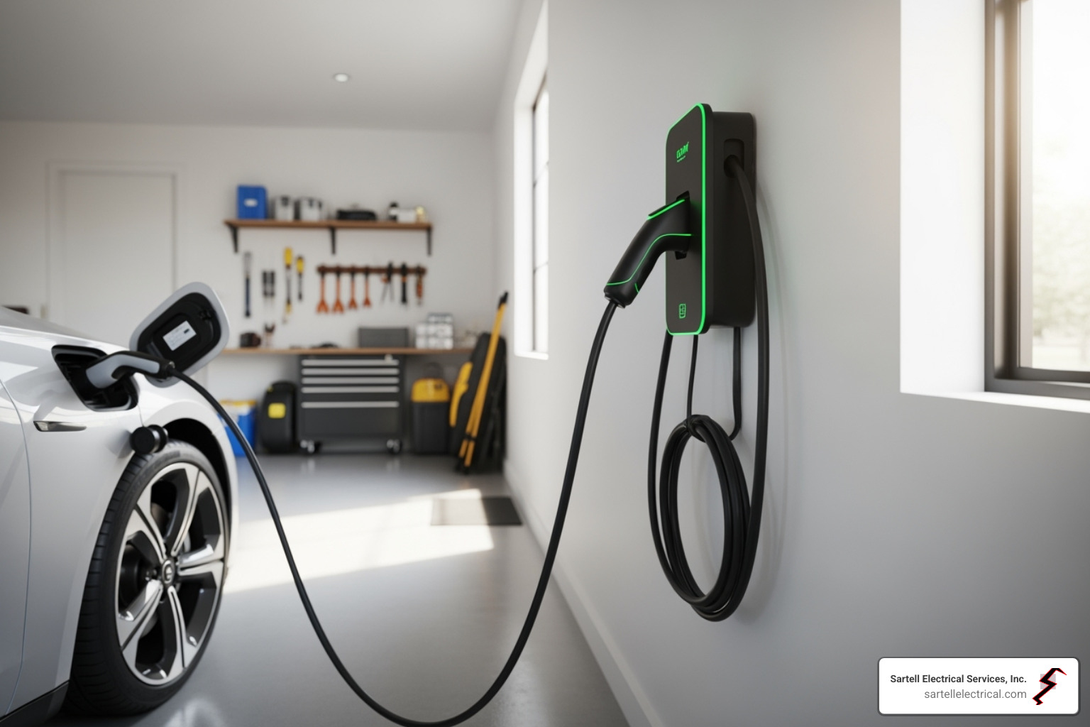 newly installed EV charger in a residential garage - electrician framingham ma newly installed EV charger in a residential garage - electrician framingham ma