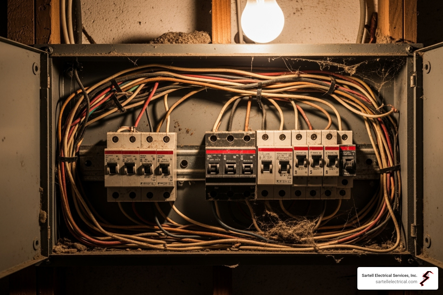 old, potentially hazardous electrical panel with tangled wires - electrician framingham ma