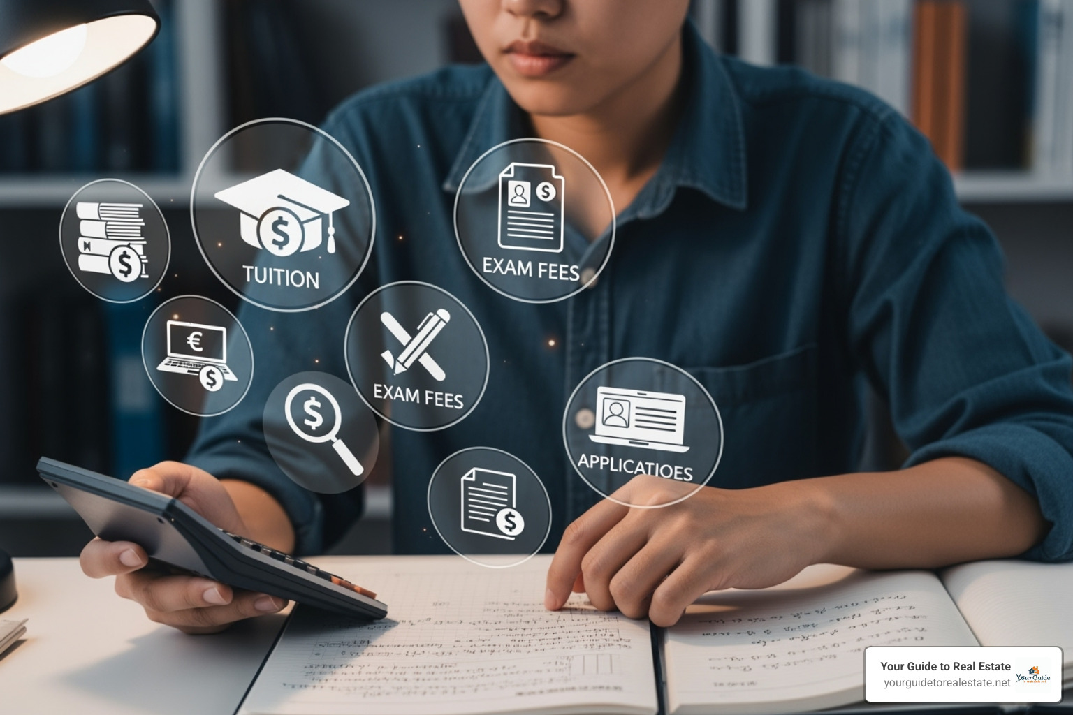 A person making a budget with icons for tuition, exam fees, and application fees - how long does it take to get a real estate license