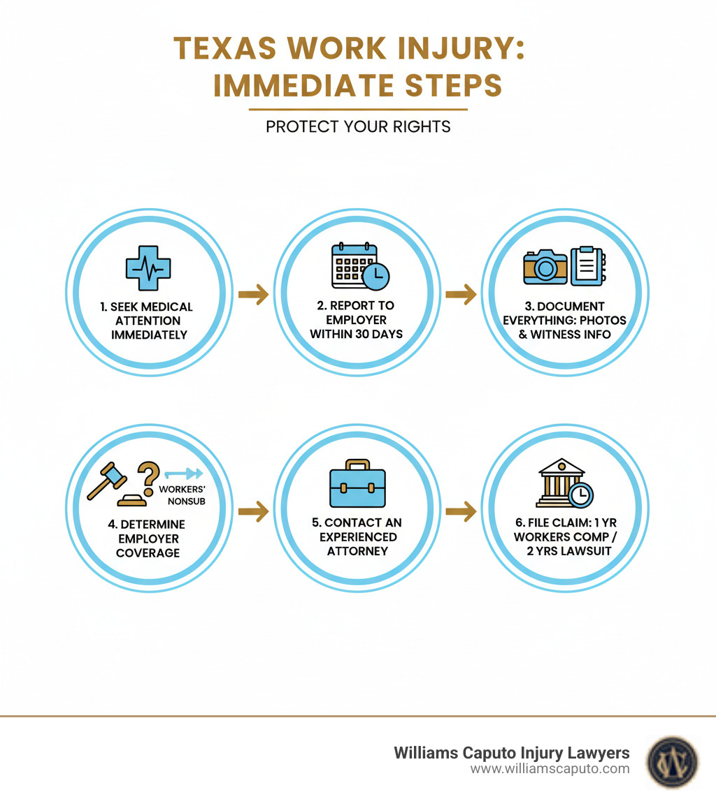 Infographic showing immediate steps after a Texas work injury: 1) Seek medical attention immediately, 2) Report injury to employer within 30 days, 3) Document everything - take photos and get witness information, 4) Determine if employer has workers compensation or is a nonsubscriber, 5) Contact an experienced work injury attorney, 6) File claim within statute of limitations - 1 year for workers comp or 2 years for lawsuit - attorney for work injuries infographic Infographic showing immediate steps after a Texas work injury: 1) Seek medical attention immediately, 2) Report injury to employer within 30 days, 3) Document everything - take photos and get witness information, 4) Determine if employer has workers compensation or is a nonsubscriber, 5) Contact an experienced work injury attorney, 6) File claim within statute of limitations - 1 year for workers comp or 2 years for lawsuit - attorney for work injuries infographic
