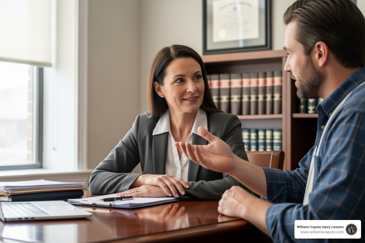 Attorney compassionately consulting with an injured worker - attorney for work injuries Attorney compassionately consulting with an injured worker - attorney for work injuries