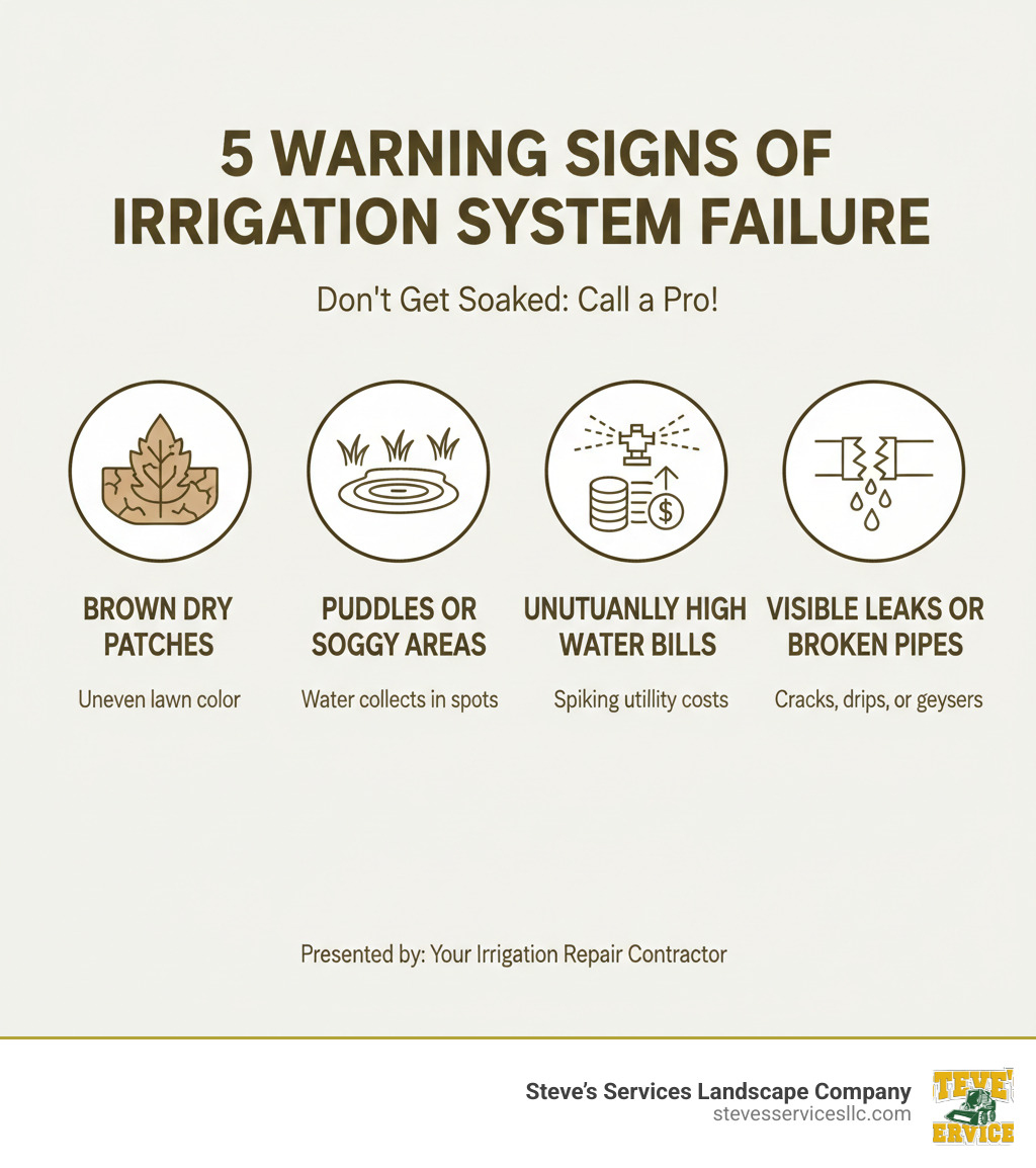 Infographic showing 5 key warning signs of irrigation system failure: brown dry patches in lawn, puddles or soggy areas, sputtering sprinkler heads, unusually high water bills, and visible leaks or broken pipes - irrigation repair contractor infographic 