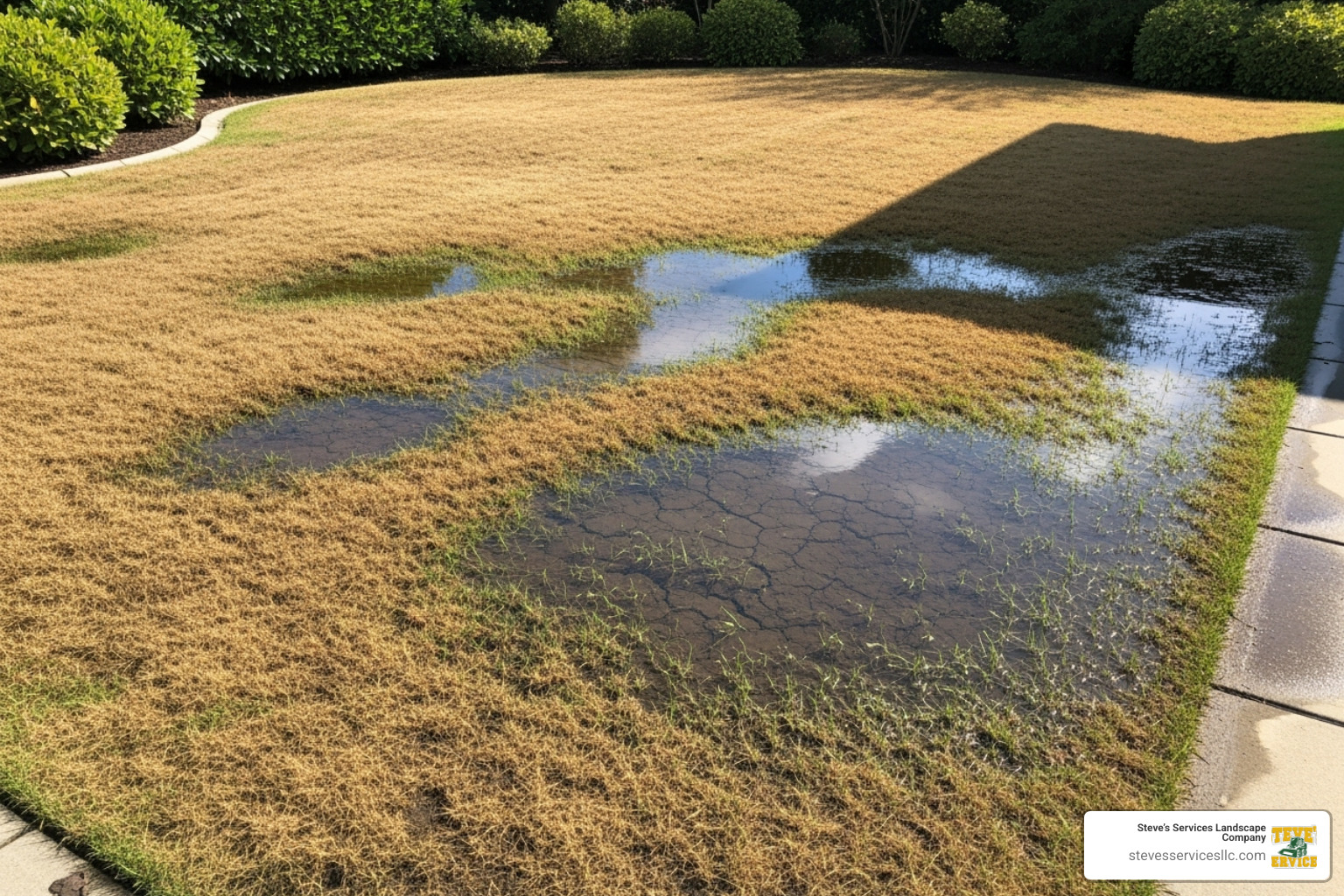 lawn with dry brown patches and soggy, puddled areas - irrigation repair contractor