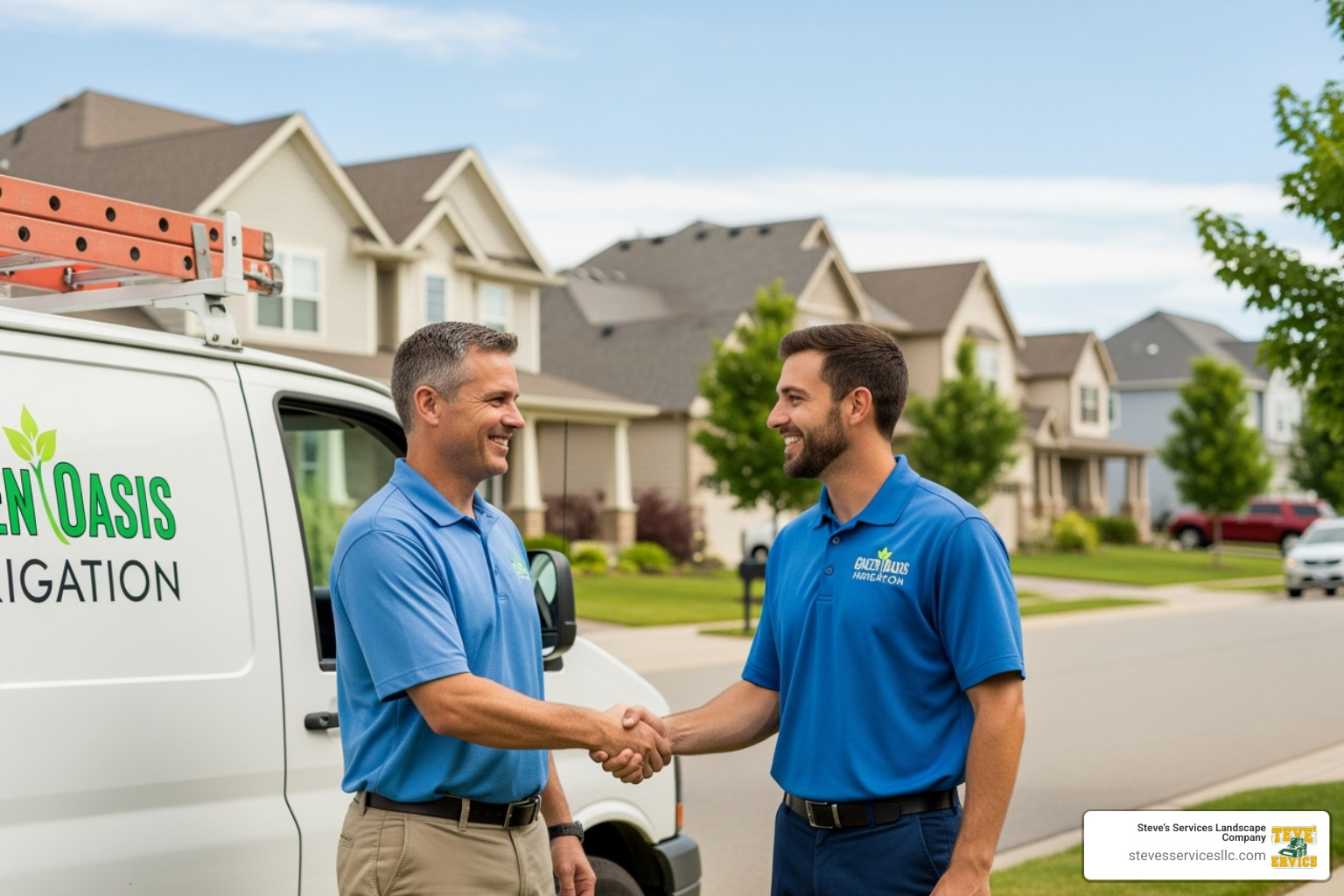 homeowner shaking hands with a professional technician in front of a service van - irrigation repair contractor