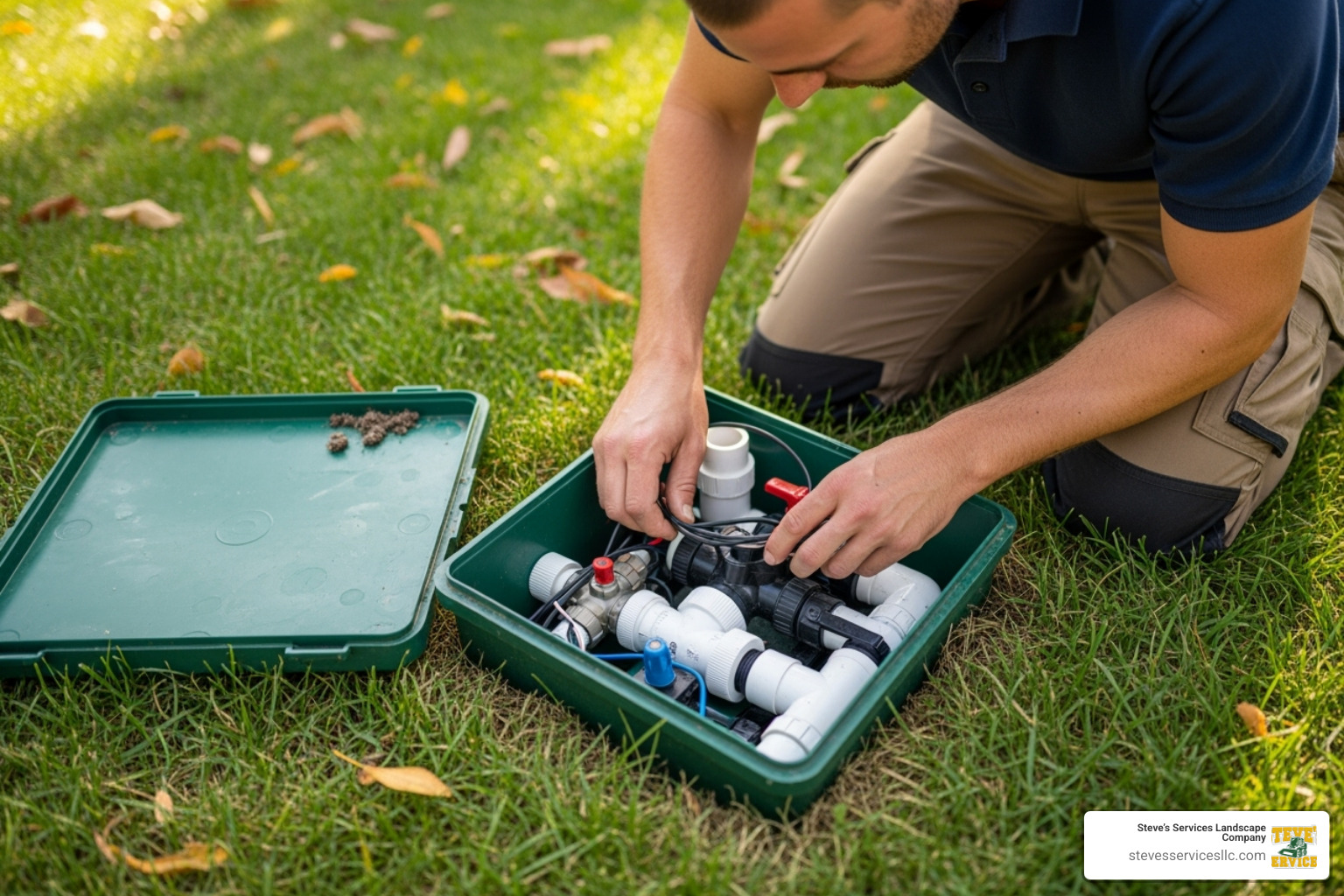 technician inspecting an irrigation valve box - irrigation repair contractor