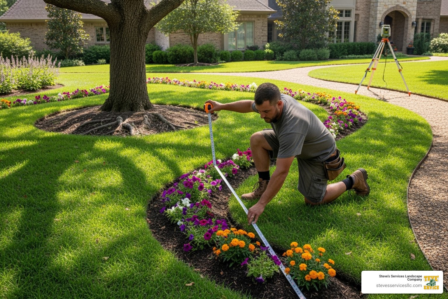 landscaper measuring a complex-shaped lawn with obstacles - sod installation price per sq ft