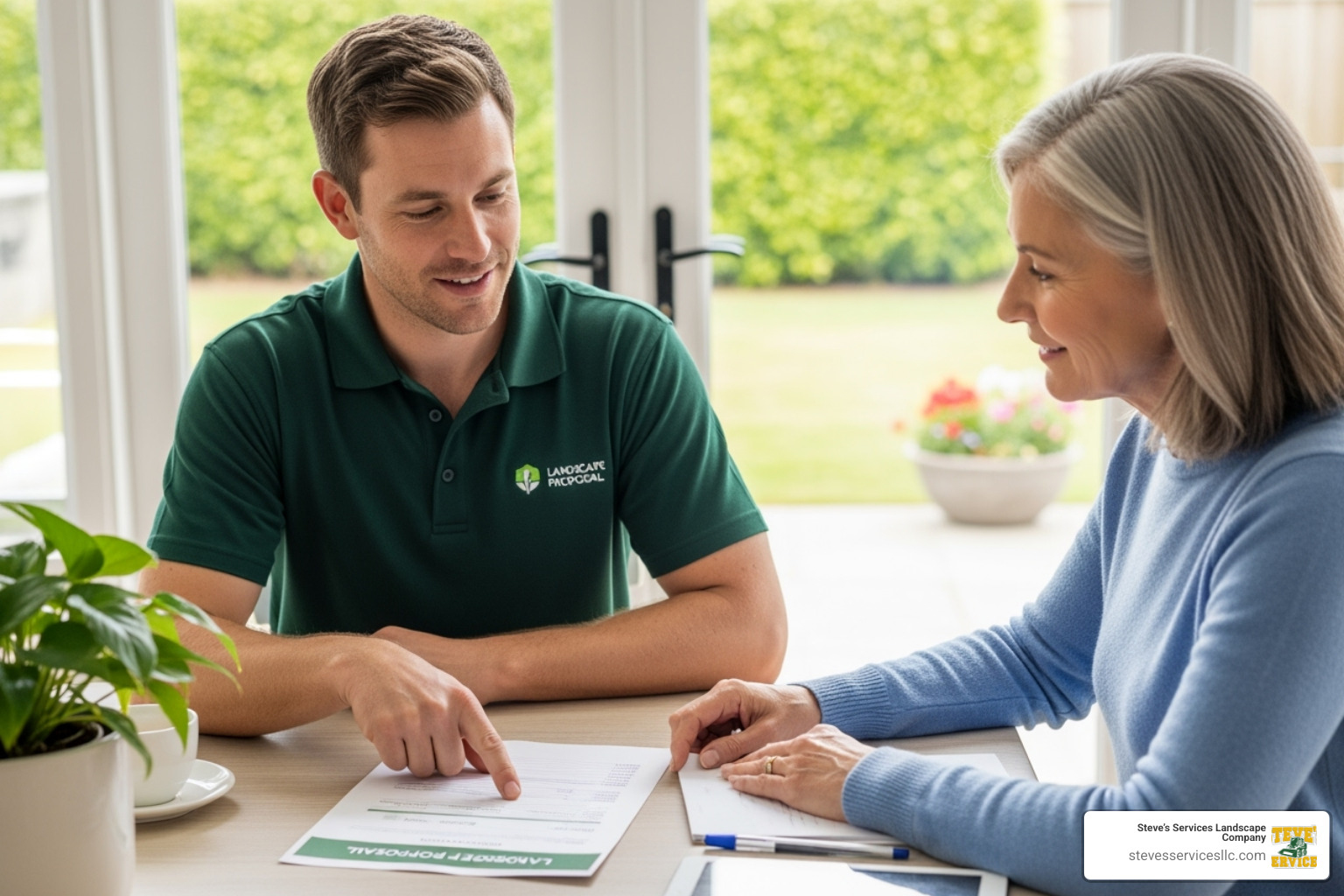 professional landscaper presenting a quote to a homeowner - sod installation price per sq ft