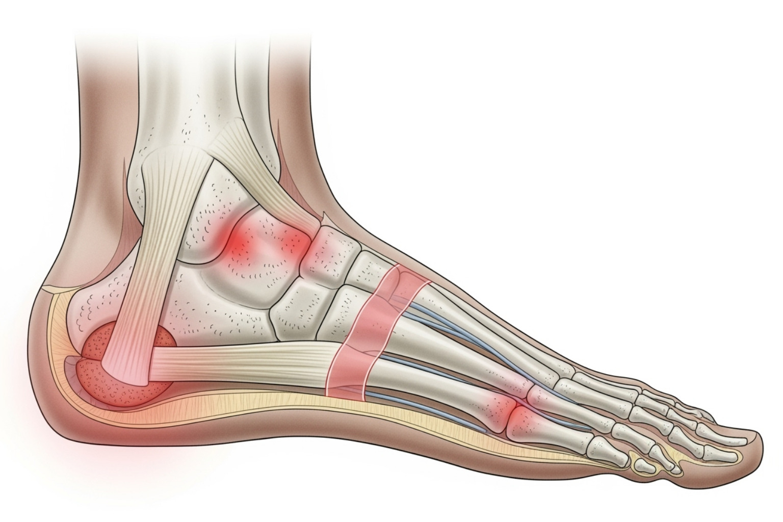 Illustration of the anatomy of the foot highlighting areas like the plantar fascia, heel bone, and metatarsals, showing common points of pain - foot cream for aching feet