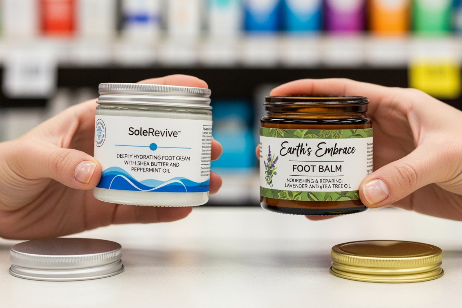 Person comparing two foot cream jars to choose the best one for their needs - foot cream for aching feet