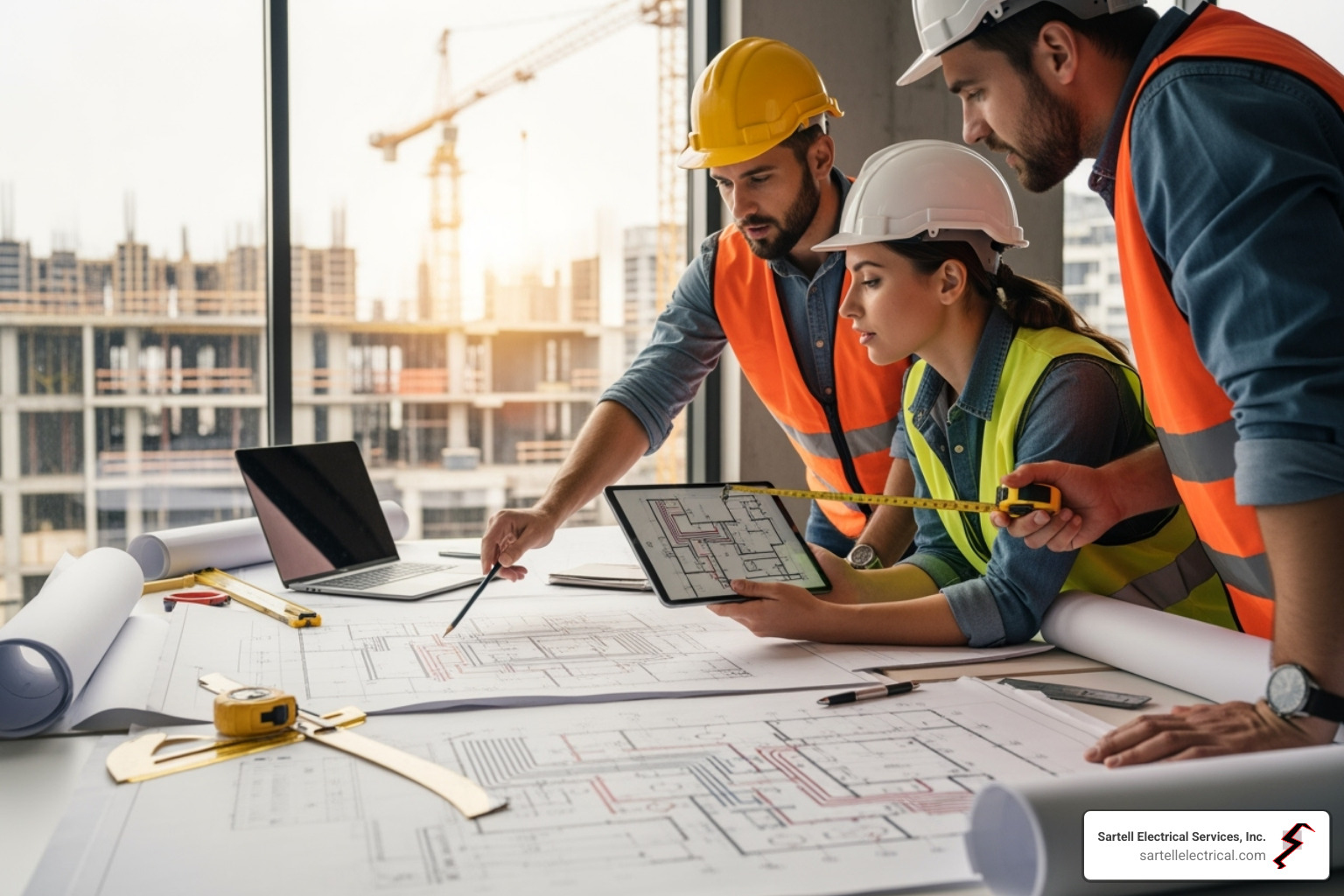 technicians reviewing blueprints for a cabling installation project - Data cabling installation Boston