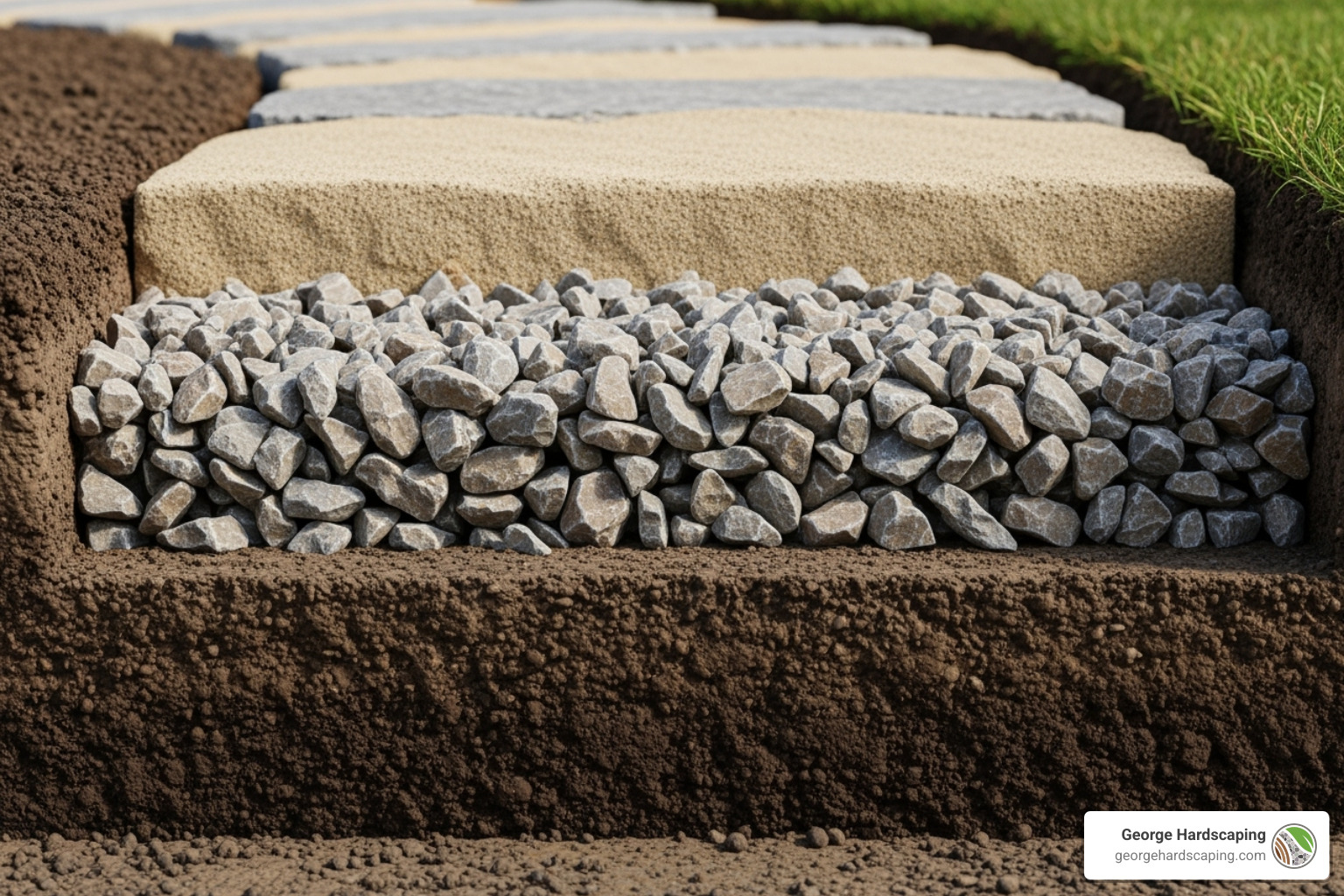 prepared base for a stepping stone, showing the compacted soil, gravel layer, and sand layer - how to install stepping stones walkway