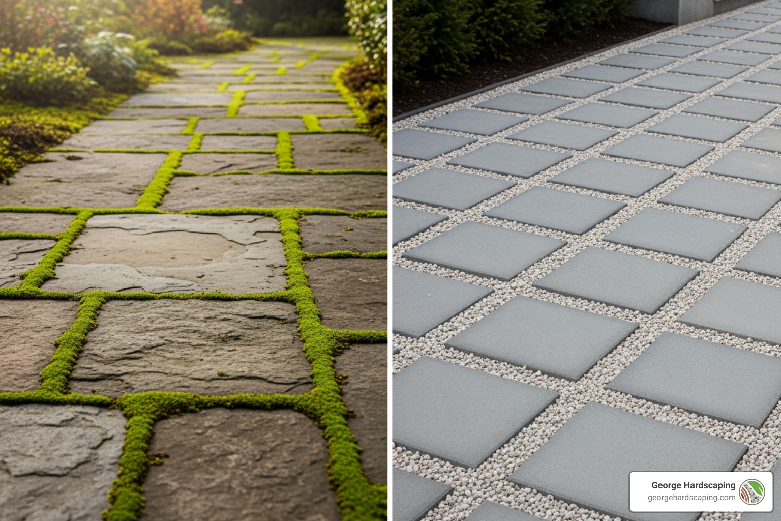 walkway showing alternative designs, such as irregular flagstones with moss filler and modern square pavers with fine gravel - how to install stepping stones walkway