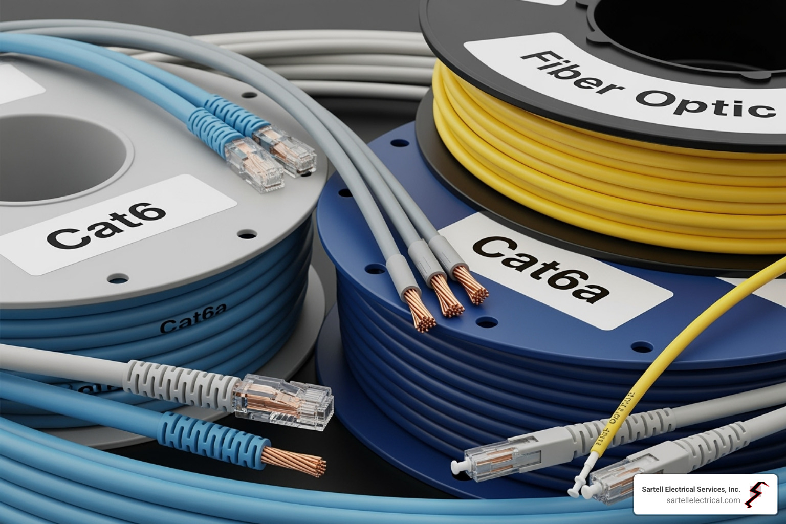 different types of data cables, including Cat6, Cat6a, and fiber optic spools - Data cabling installation Boston