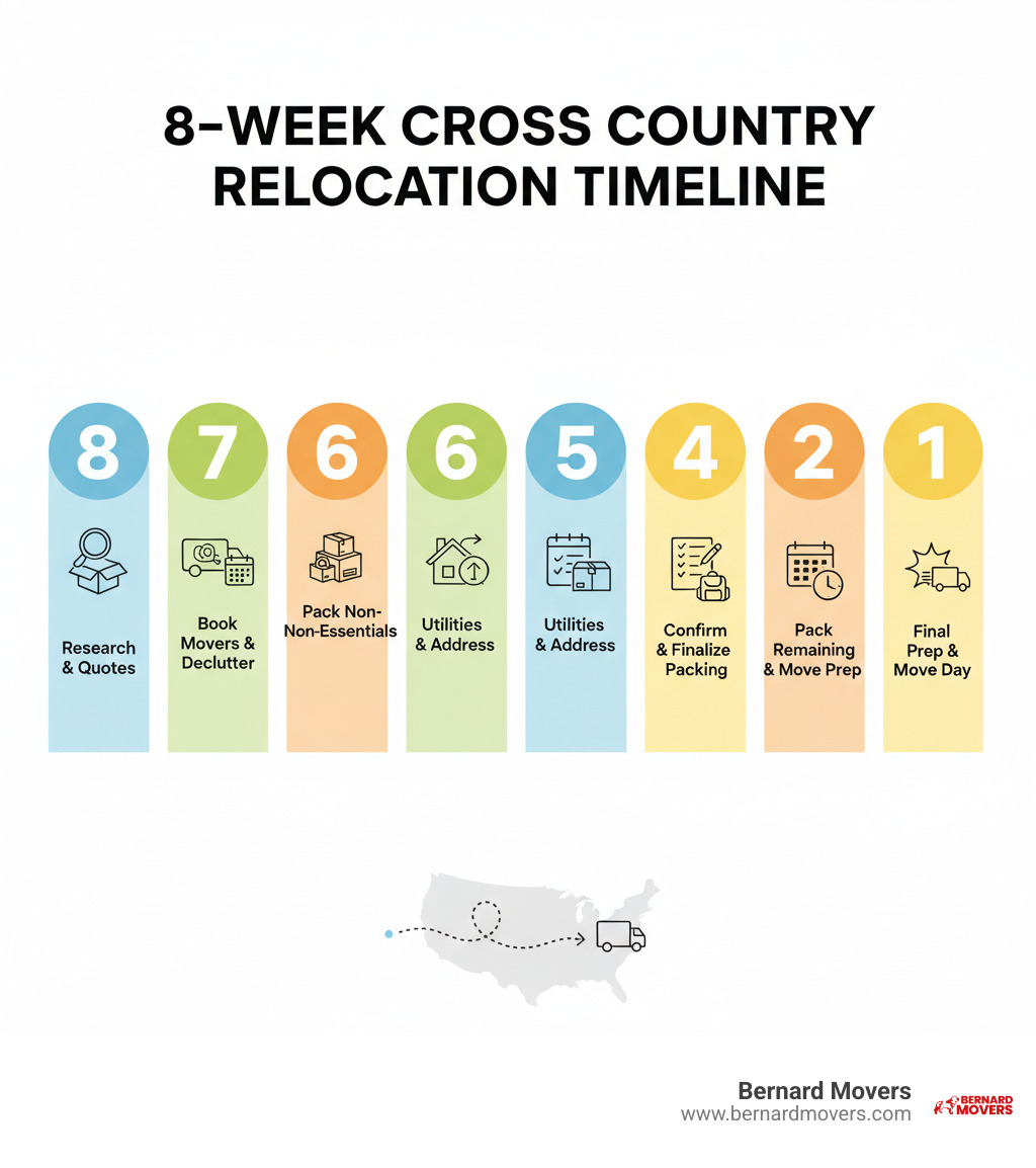Detailed infographic showing 8-week cross country relocation timeline with weekly tasks: Week 8 - Research movers and get quotes, Week 7 - Book moving company and start decluttering, Week 6 - Begin packing non-essentials, Week 5 - Arrange utility transfers and address changes, Week 4 - Confirm moving details and finalize packing, Week 3 - Pack remaining items and prepare essentials box, Week 2 - Confirm logistics and prepare for moving day, Week 1 - Final preparations and moving day execution - Cross country relocation infographic 