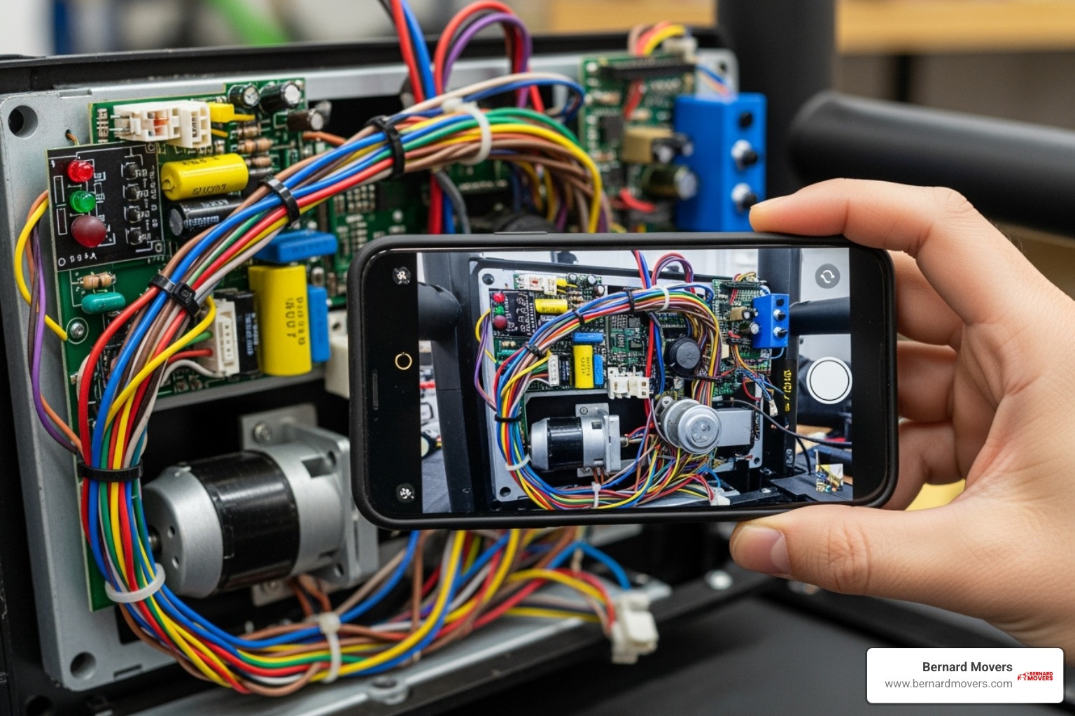 person taking a photo of a treadmill's wiring before disassembly - how to move exercise equipment