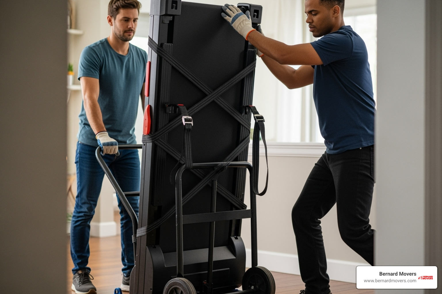 two people using a dolly and straps to move a folded treadmill - how to move exercise equipment