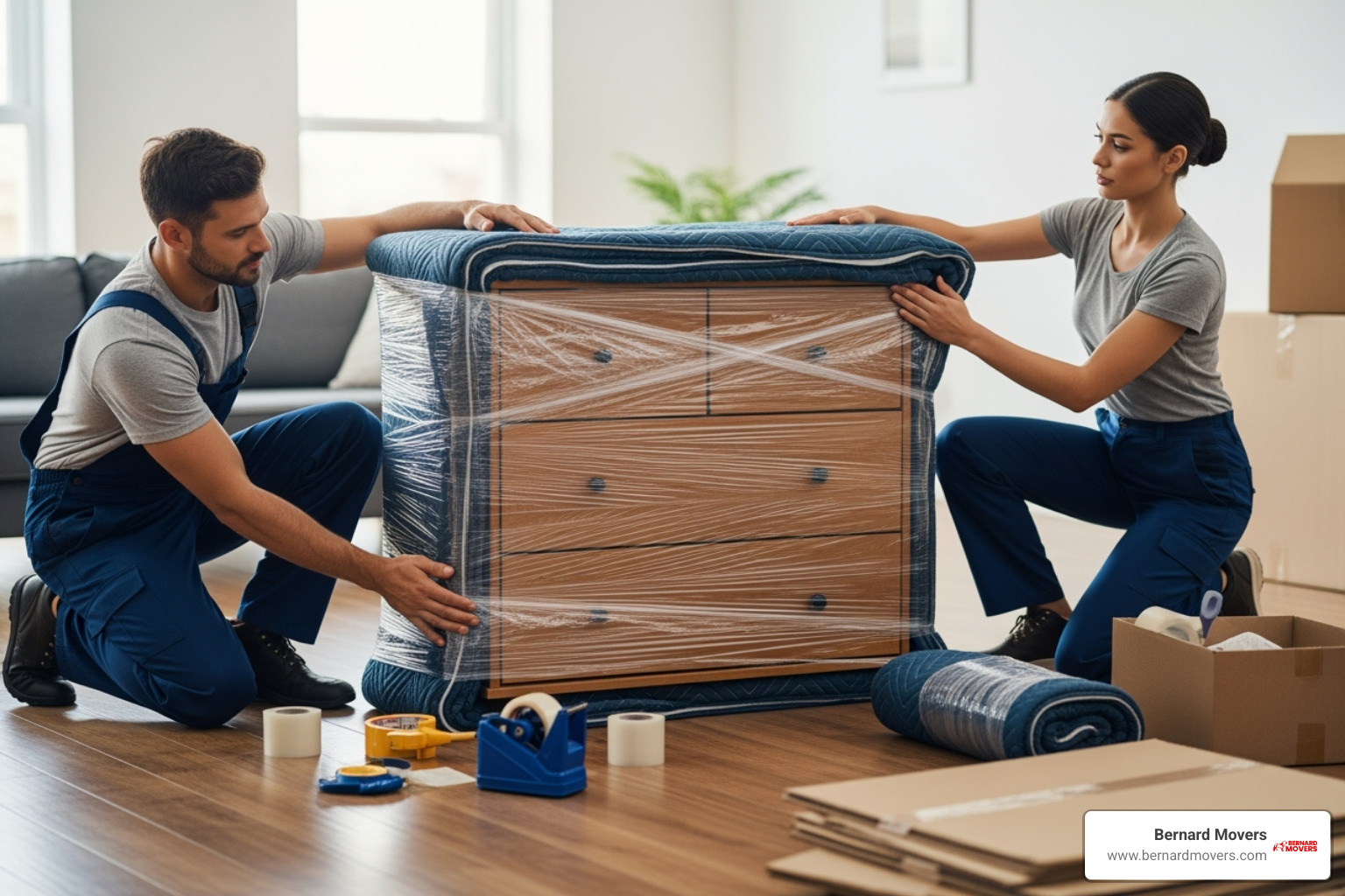 Professional movers carefully wrapping a piece of furniture - Cross country relocation