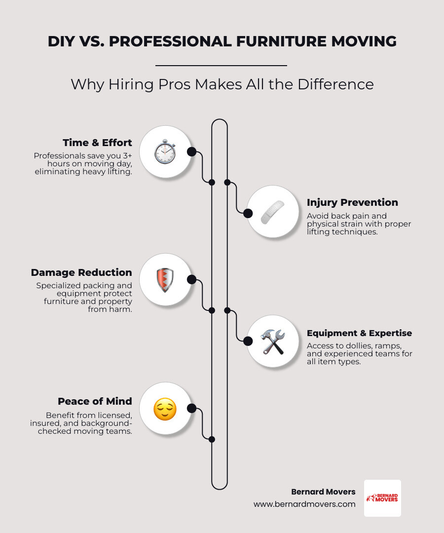 Infographic comparing DIY furniture moving versus professional services, showing time savings of 3+ hours, injury prevention statistics, damage risk reduction, and cost comparison between rental equipment plus potential damages versus professional service rates - Furniture moving services infographic infographic-line-5-steps-neat_beige