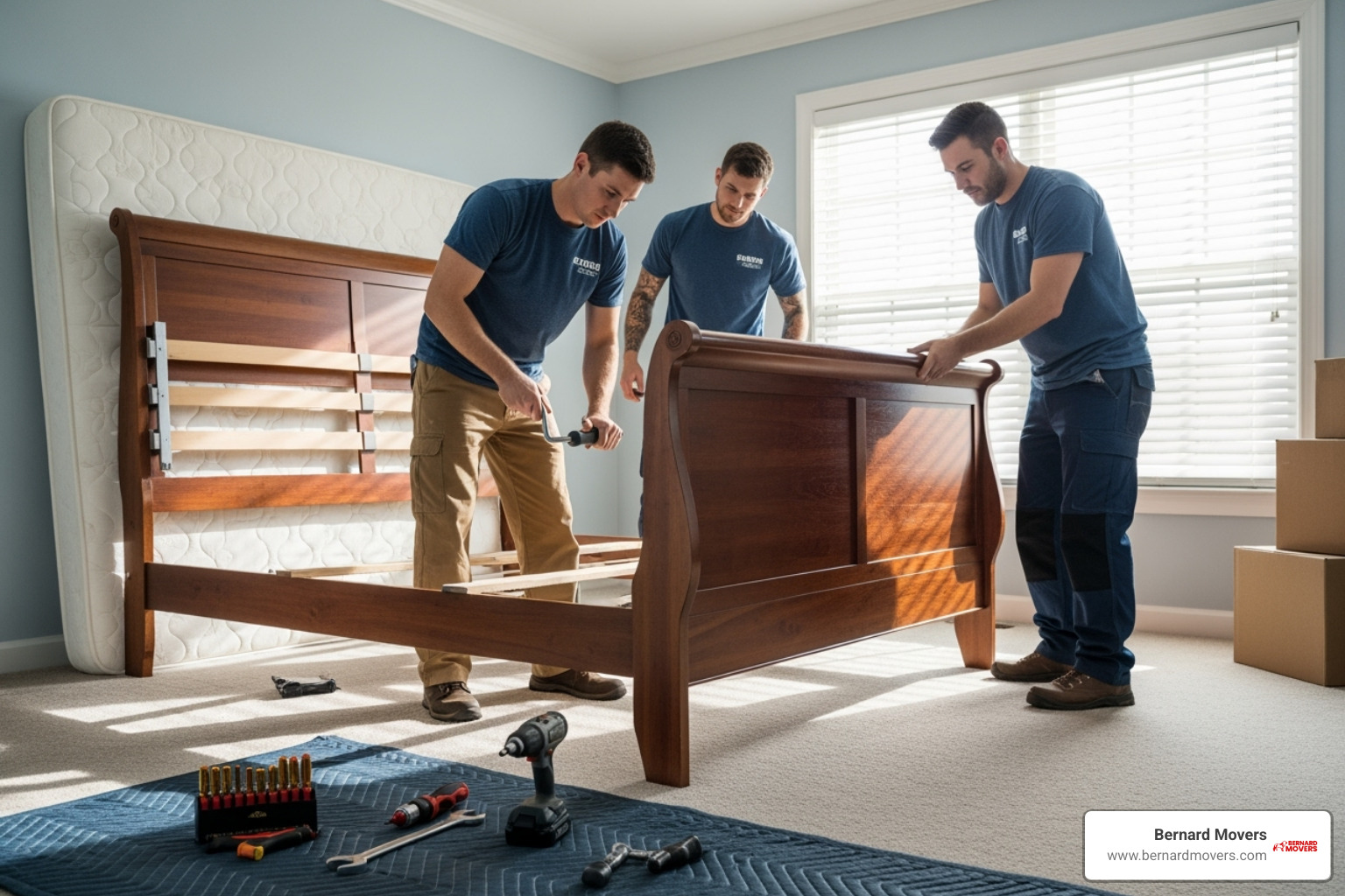 Movers disassembling a large wooden bed frame - Furniture moving services