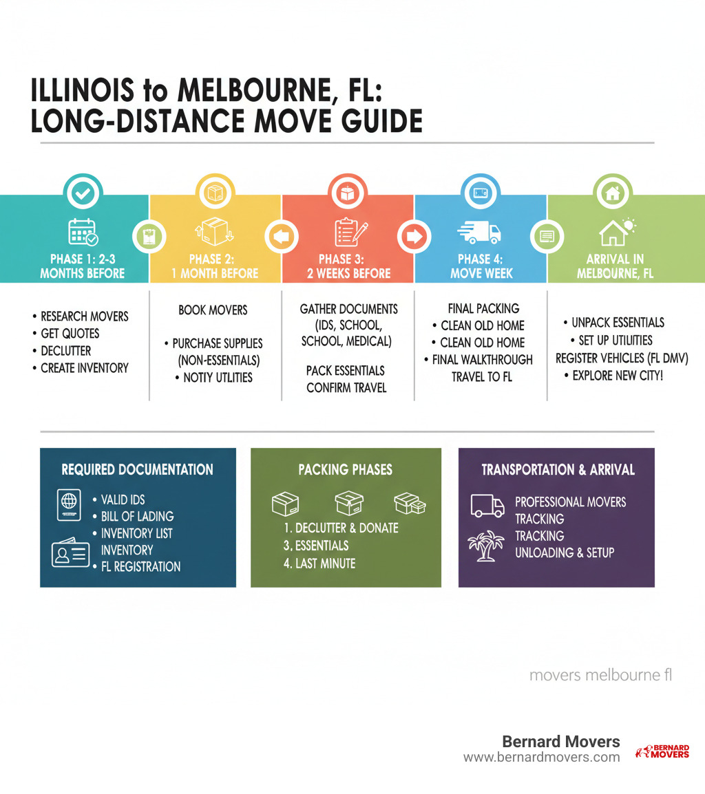 Comprehensive infographic showing the step-by-step process for long-distance moves from Illinois to Melbourne FL, including timeline milestones, required documentation, packing phases, transportation logistics, and arrival coordination - movers melbourne fl infographic 