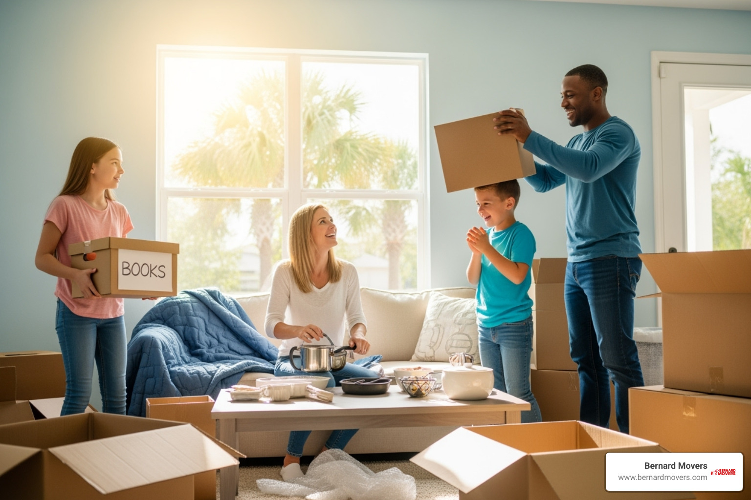 A family happily unpacking boxes in their new Florida home - movers melbourne fl