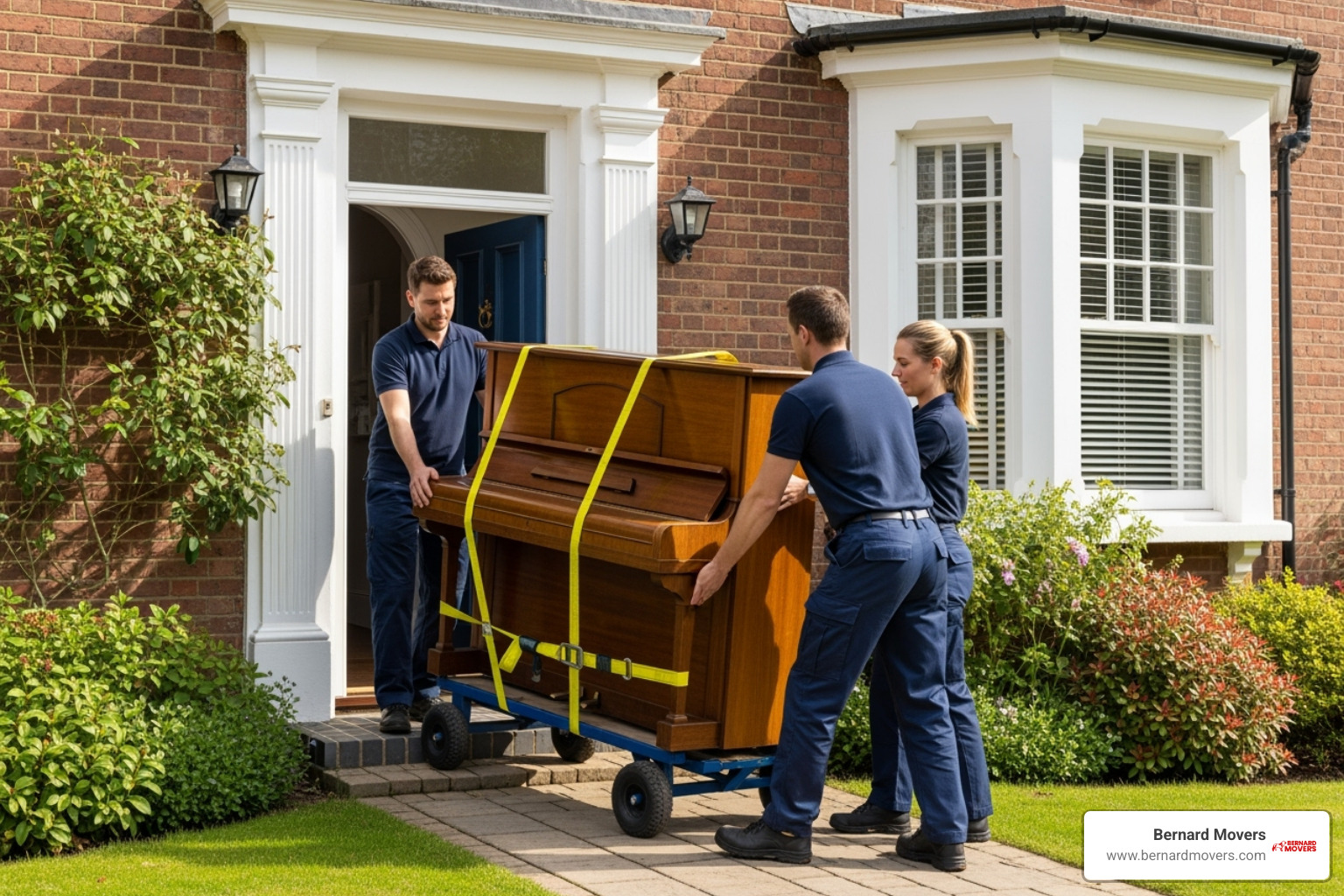 Movers using specialized equipment to move a piano - Furniture moving services