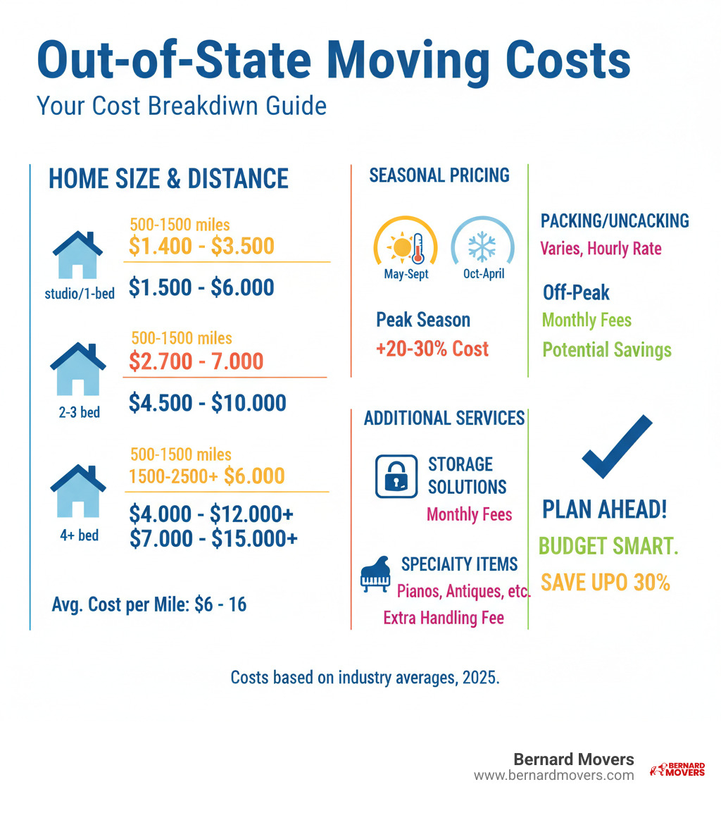 Detailed infographic showing out-of-state moving cost breakdown by home size, distance ranges from 500-2500+ miles, seasonal pricing variations, and additional service fees including packing, storage, and specialty item handling - average cost for movers out of state infographic 