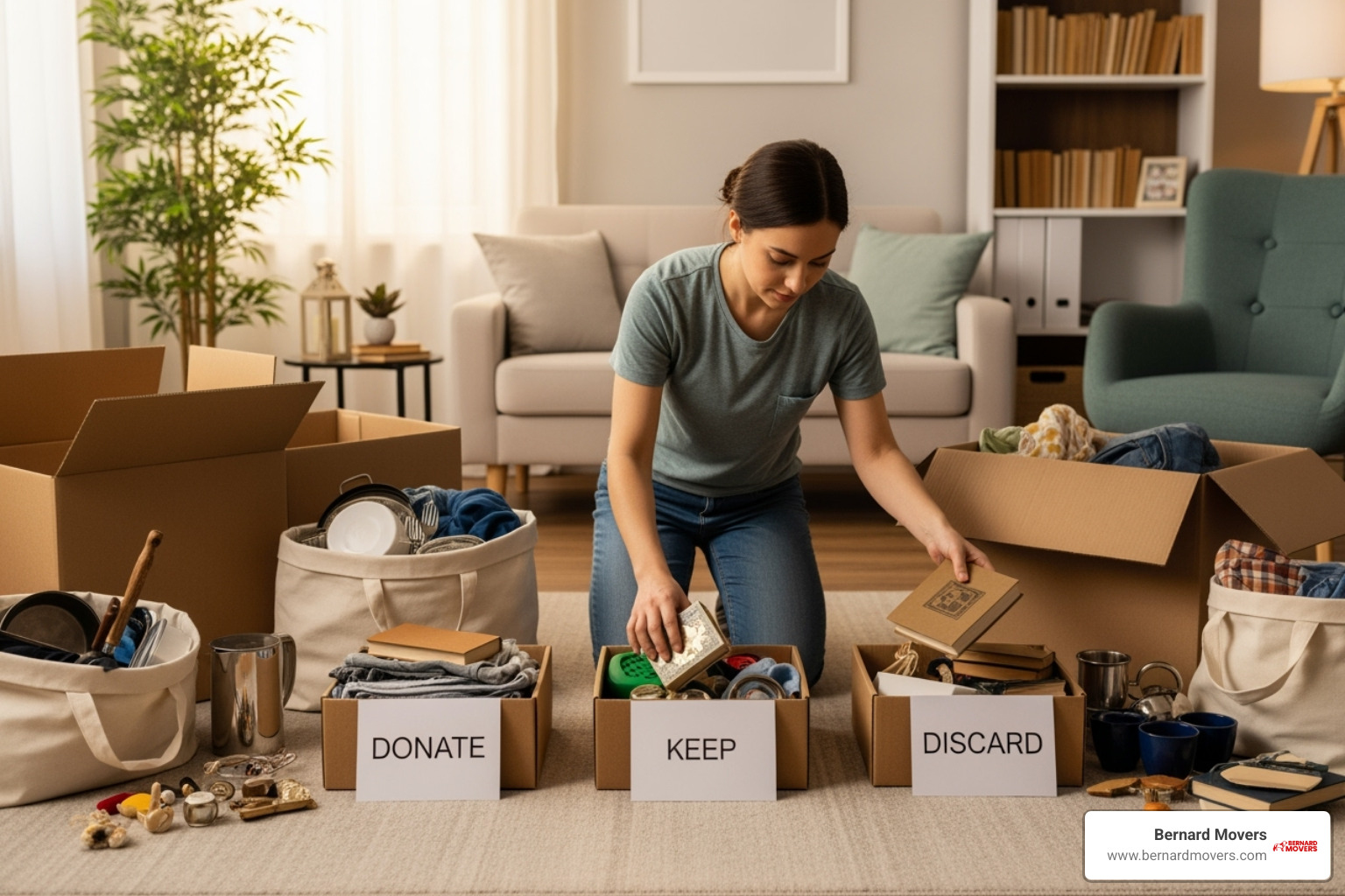person decluttering items into donate and keep piles - average cost for movers out of state