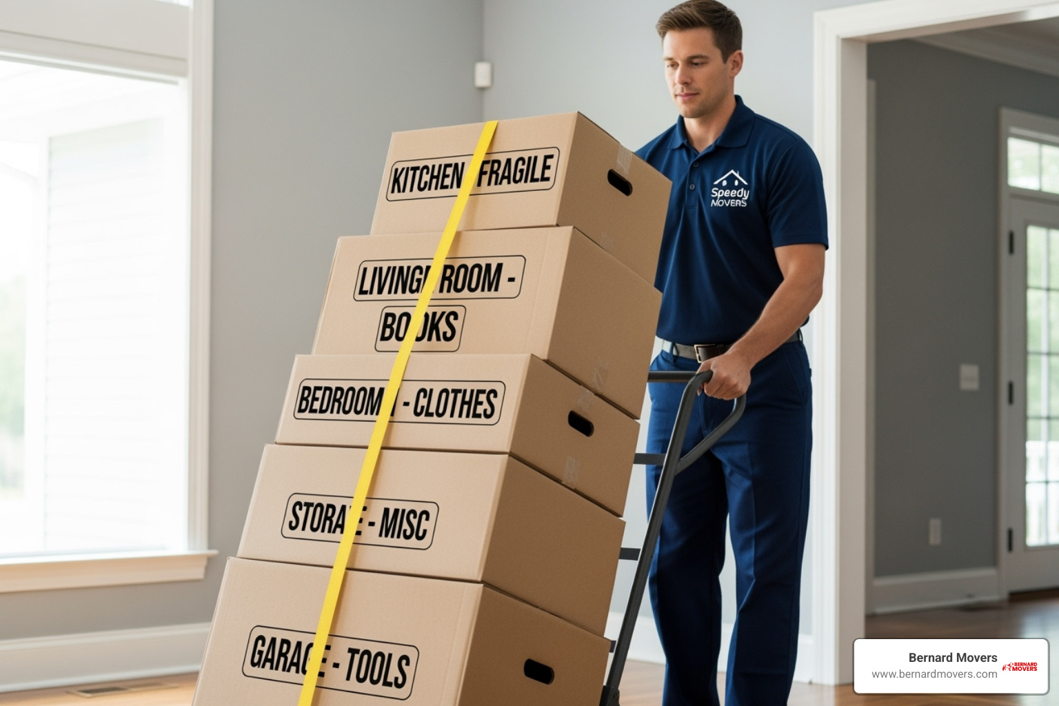 Bernard Movers team member using a dolly to move a stack of labeled boxes - average cost for movers out of state