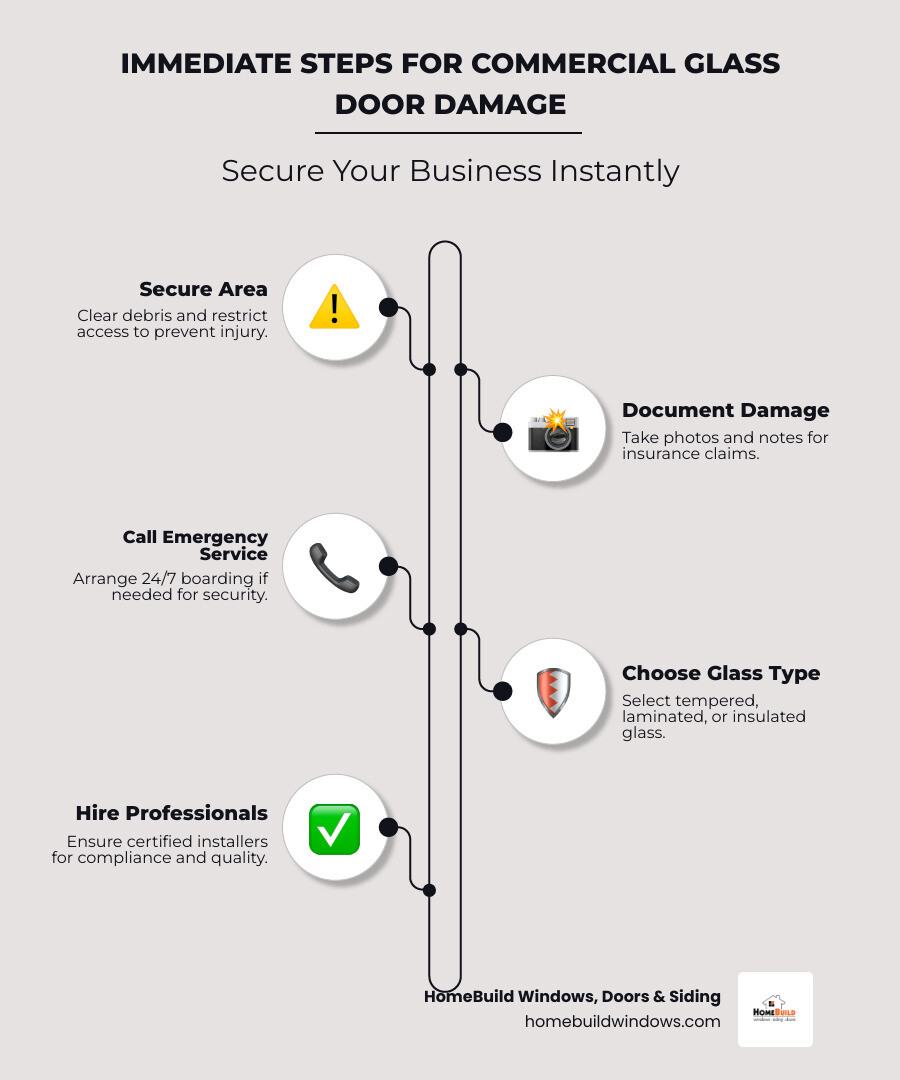 Infographic showing immediate steps for commercial glass door damage: 1. Secure area and clear debris, 2. Document damage with photos, 3. Call 24/7 emergency service for boarding, 4. Choose glass type (tempered for safety, laminated for security, insulated for energy efficiency), 5. Hire licensed professionals for proper installation and code compliance - broken glass door replacement infographic infographic-line-5-steps-neat_beige