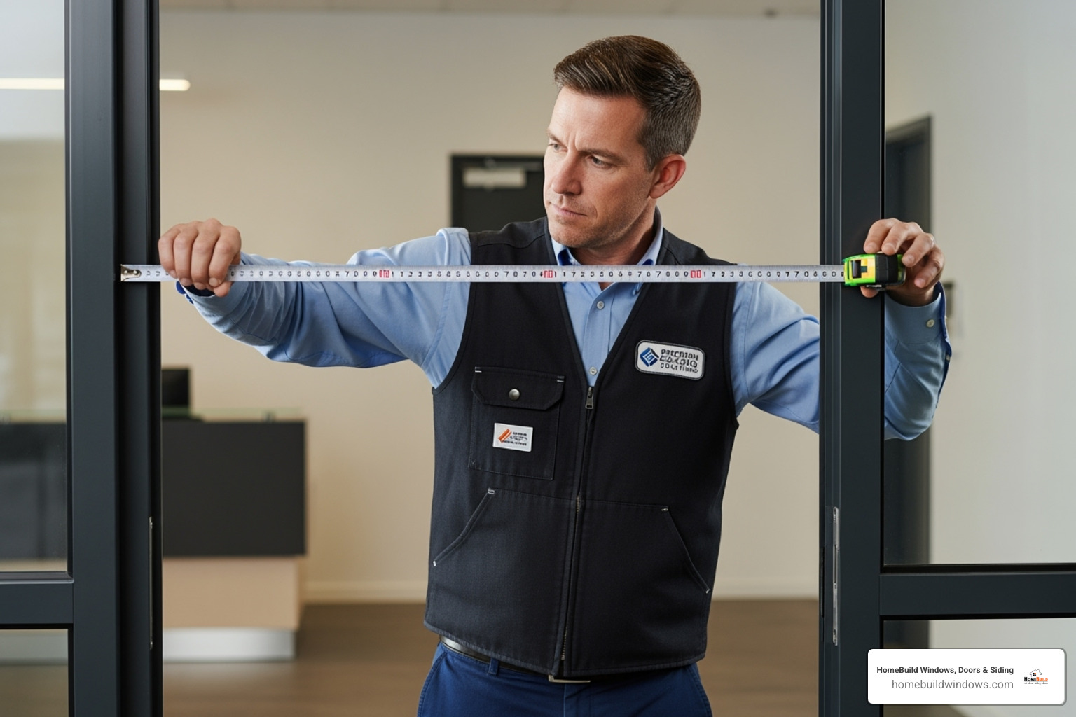 of a professional technician measuring a door frame - broken glass door replacement