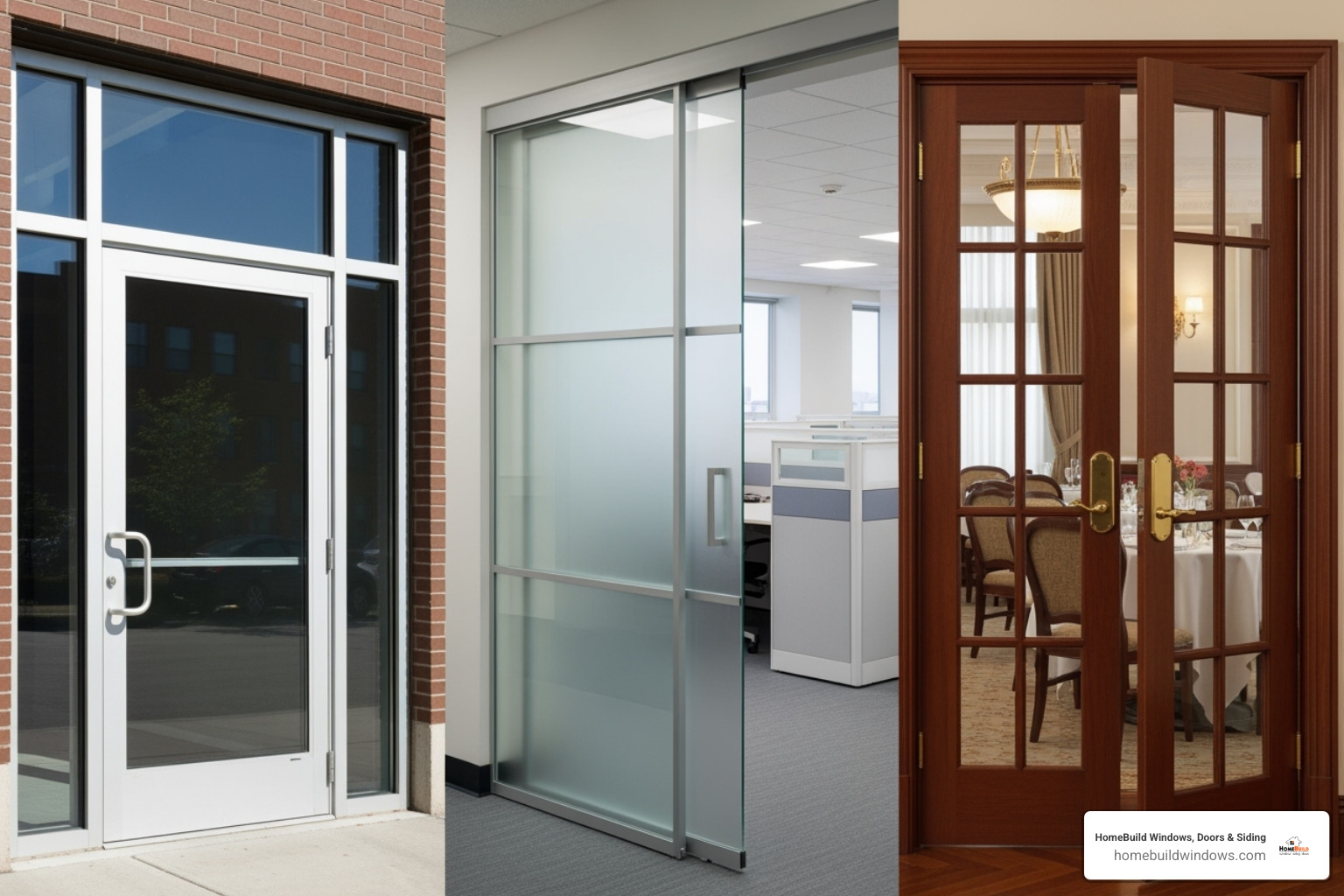 showing different types of commercial glass doors (storefront, sliding, French) - broken glass door replacement