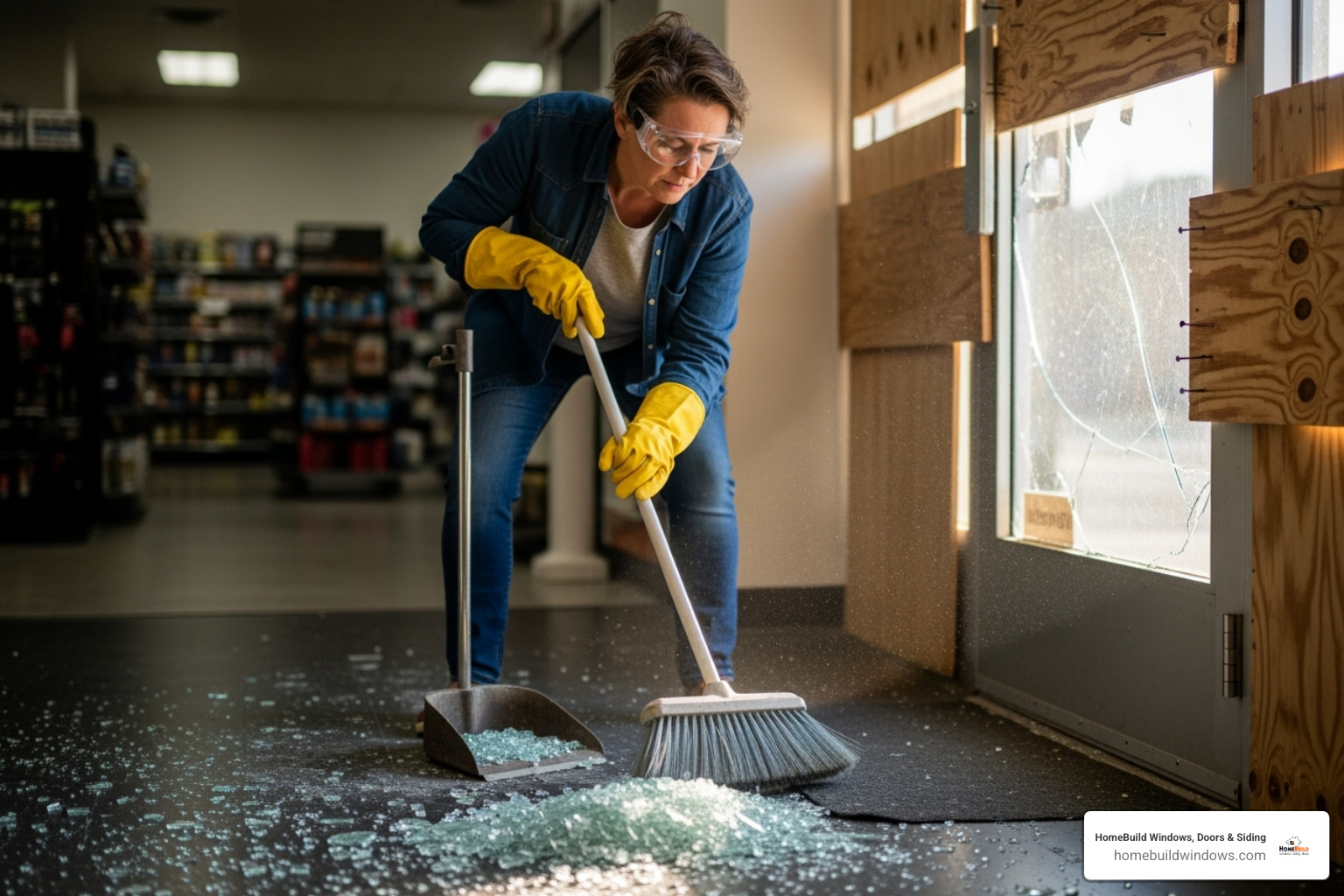 of a business owner safely sweeping up broken glass near a boarded-up door - broken glass door replacement