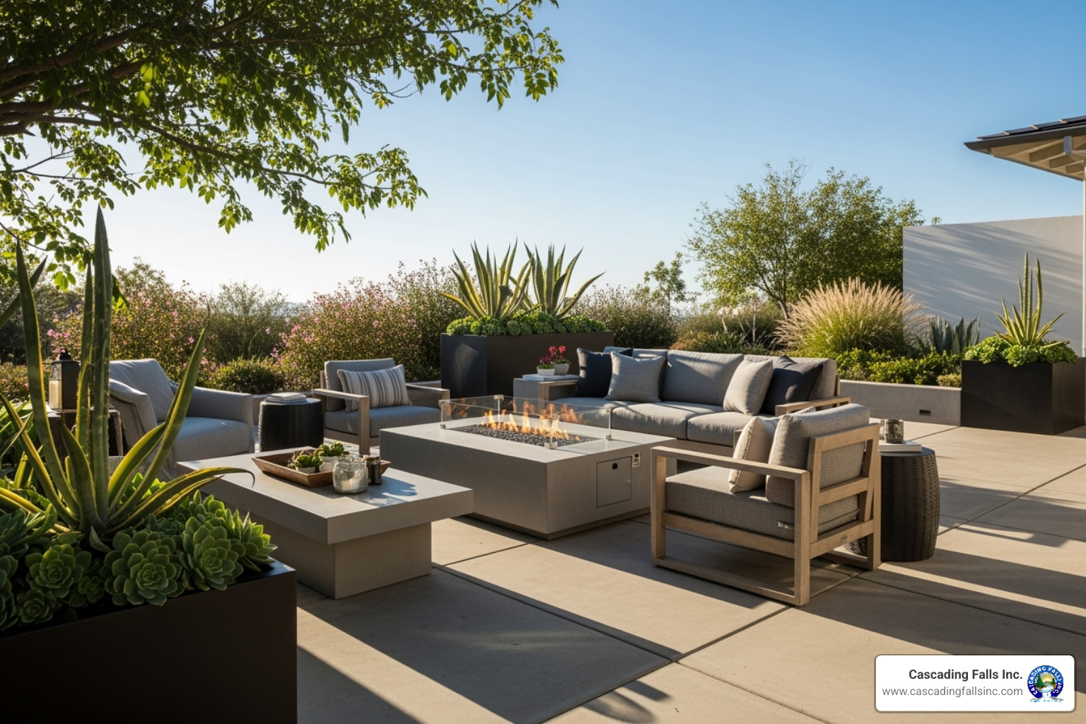 Stylish concrete patio with an integrated fire pit and seating area - concrete contractors Roseville Stylish concrete patio with an integrated fire pit and seating area - concrete contractors Roseville