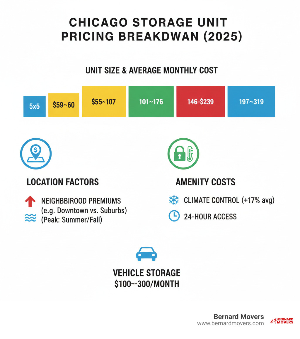Infographic showing Chicago storage unit pricing breakdown by size, location factors including neighborhood premiums, seasonal demand fluctuations, and amenity costs like climate control and 24-hour access, with specific price ranges for each unit size from 5x5 to 10x20 - storage unit pricing Chicago infographic 