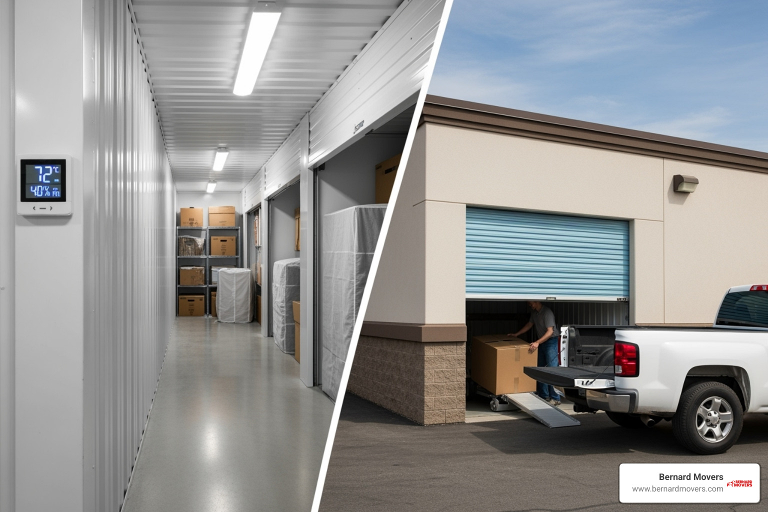 split view of a climate-controlled unit and a standard drive-up unit - storage unit pricing Chicago