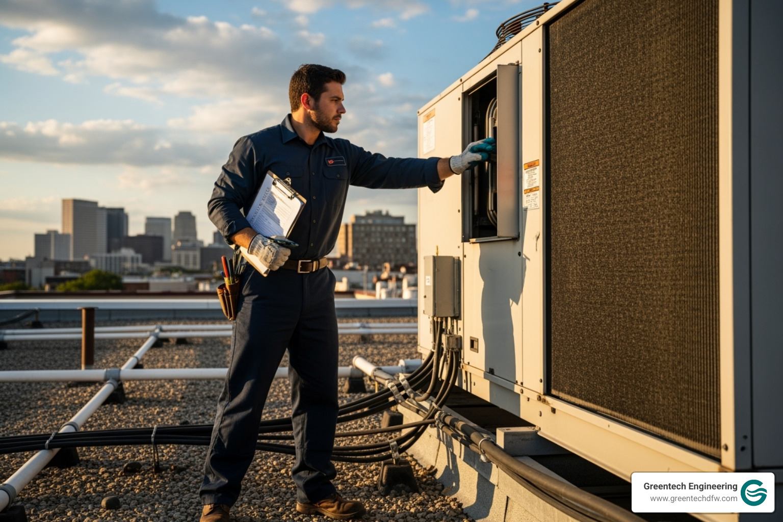 technician working on commercial HVAC system with checklist - commercial hvac plano tx technician working on commercial HVAC system with checklist - commercial hvac plano tx