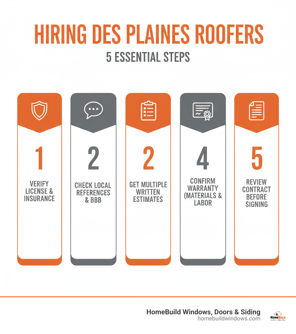 Infographic showing 5 key steps to hiring Des Plaines roofers: 1. Verify license and insurance, 2. Check local references and BBB rating, 3. Get multiple written estimates, 4. Confirm warranty coverage on materials and labor, 5. Review contract details before signing - Des Plaines roofers infographic 