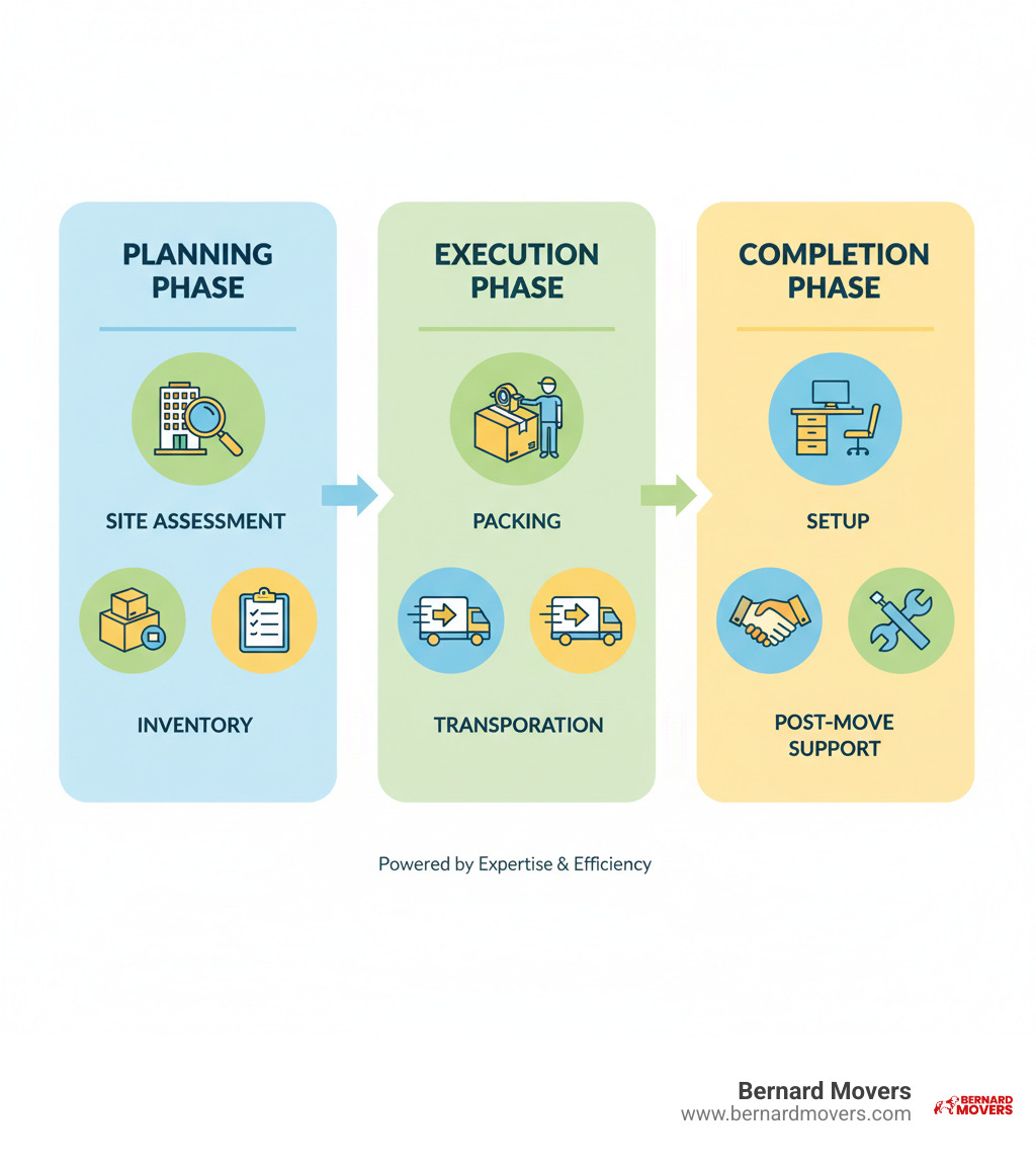 Comprehensive business relocation process showing planning phase with site assessment and inventory, execution phase with packing and transportation, and completion phase with setup and post-move support - Business relocation services infographic 