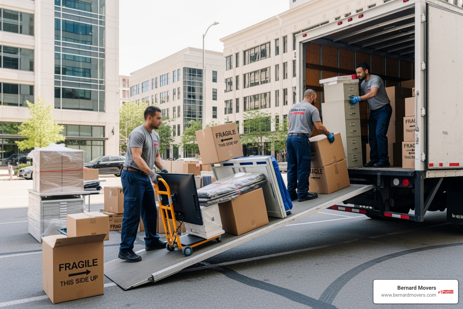 Image of a team of movers loading a truck with properly packed office equipment. - Business relocation services