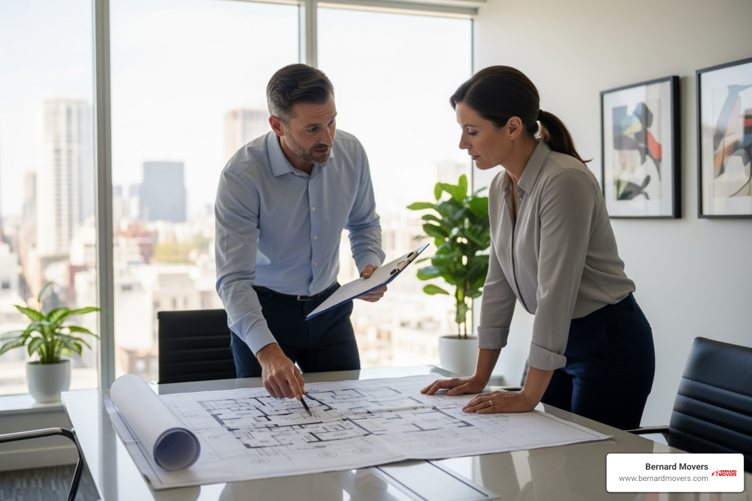 Image of a project manager with a clipboard reviewing a floor plan with a client. - Business relocation services