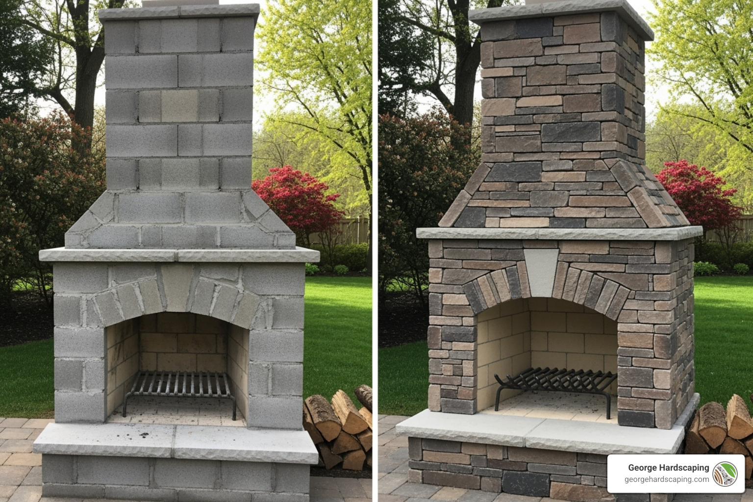 side-by-side comparison of a raw cinder block fireplace and one beautifully finished with stone veneer - building an outdoor fireplace with cinder block