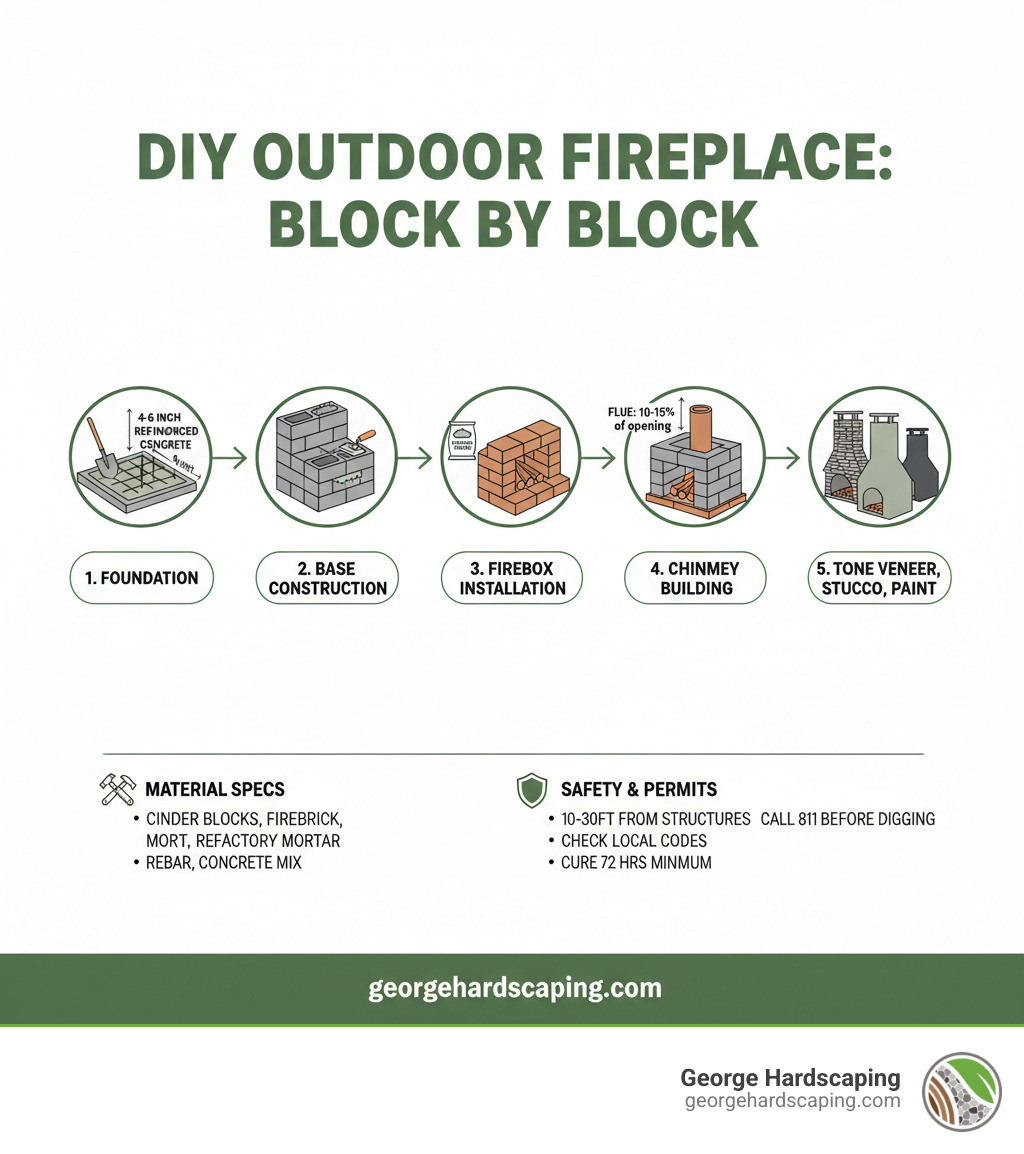 Step-by-step outdoor fireplace construction process showing foundation preparation, cinder block laying, firebox installation, chimney building, and finishing options with material specifications and safety requirements - building an outdoor fireplace with cinder block infographic 