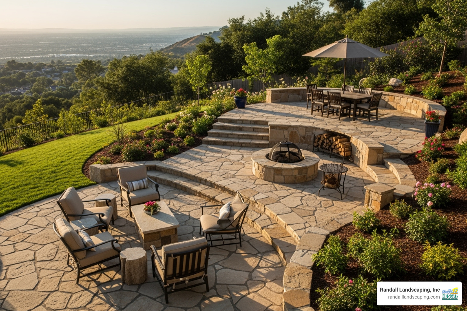 multi-level stone patio with an integrated fire pit on a sloped backyard - boxford landscape design multi-level stone patio with an integrated fire pit on a sloped backyard - boxford landscape design