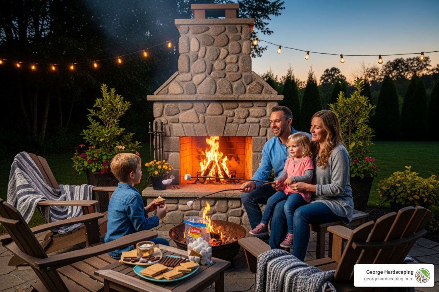 Family making s'mores around a completed outdoor fireplace in a backyard setting - building an outdoor fireplace