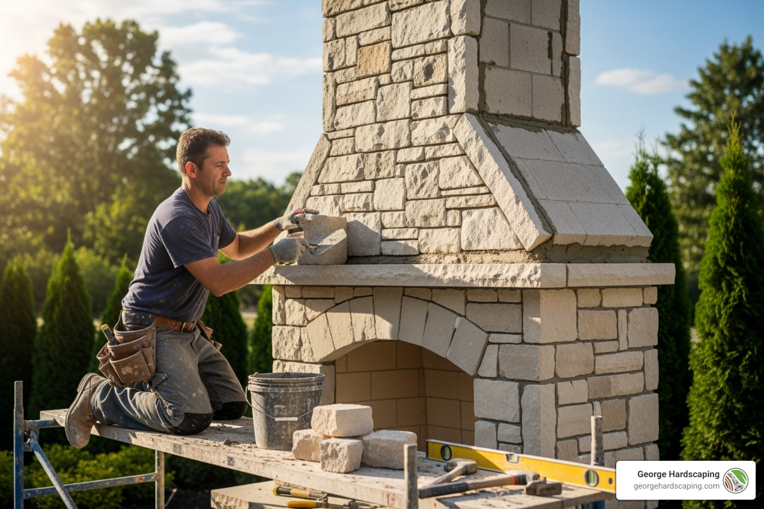 Mason applying stone veneer to the chimney of an outdoor fireplace during construction - building an outdoor fireplace