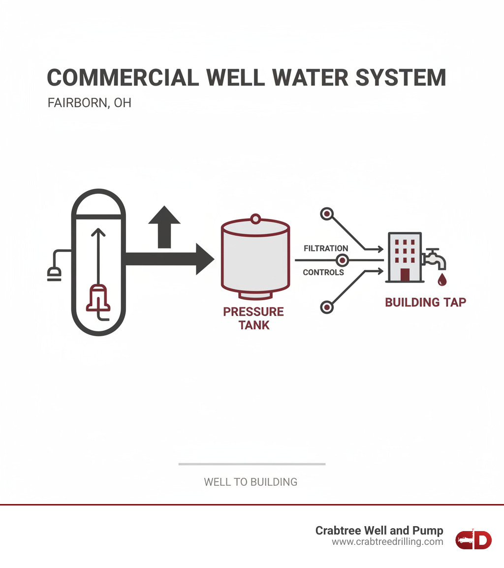 commercial well water system components from well to building tap showing pump pressure tank and distribution lines - commercial well pump services fairborn oh infographic 