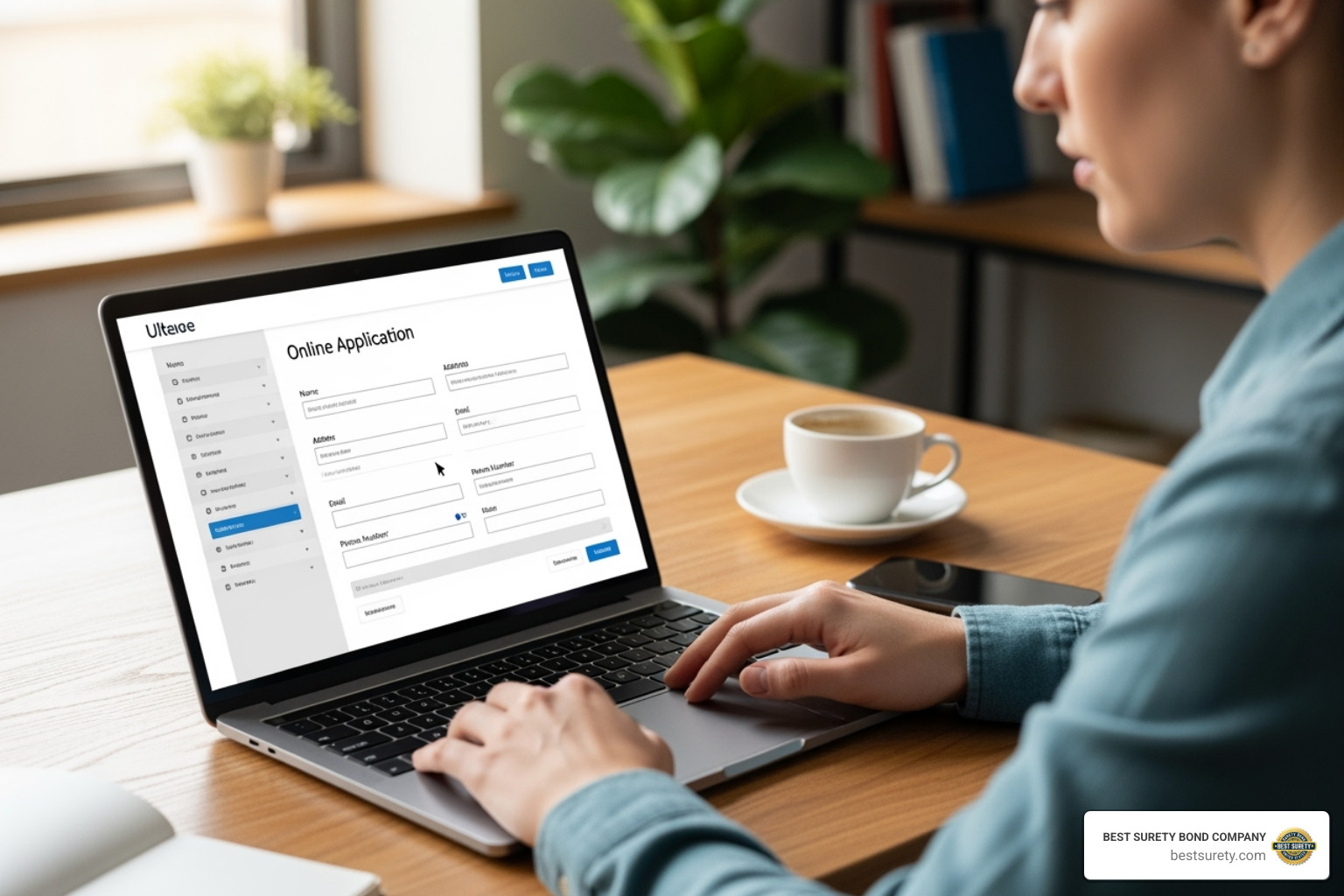 Person filling out an online bond application on a laptop - Indemnity bond online Person filling out an online bond application on a laptop - Indemnity bond online