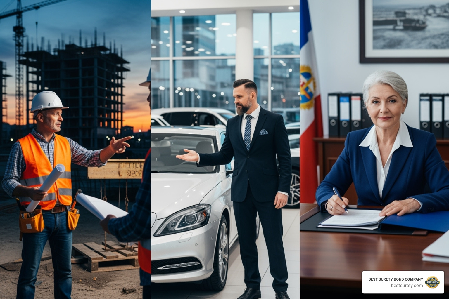 Professionals needing bonds: a contractor at a construction site, an auto dealer in a showroom, and a public official - Indemnity bond online Professionals needing bonds: a contractor at a construction site, an auto dealer in a showroom, and a public official - Indemnity bond online