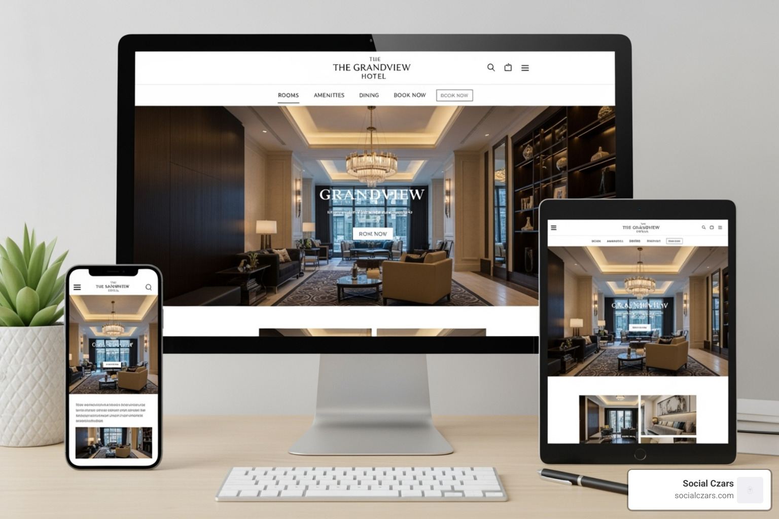 hotel website on a desktop, tablet, and mobile screen - hotel digital marketing hotel website on a desktop, tablet, and mobile screen - hotel digital marketing